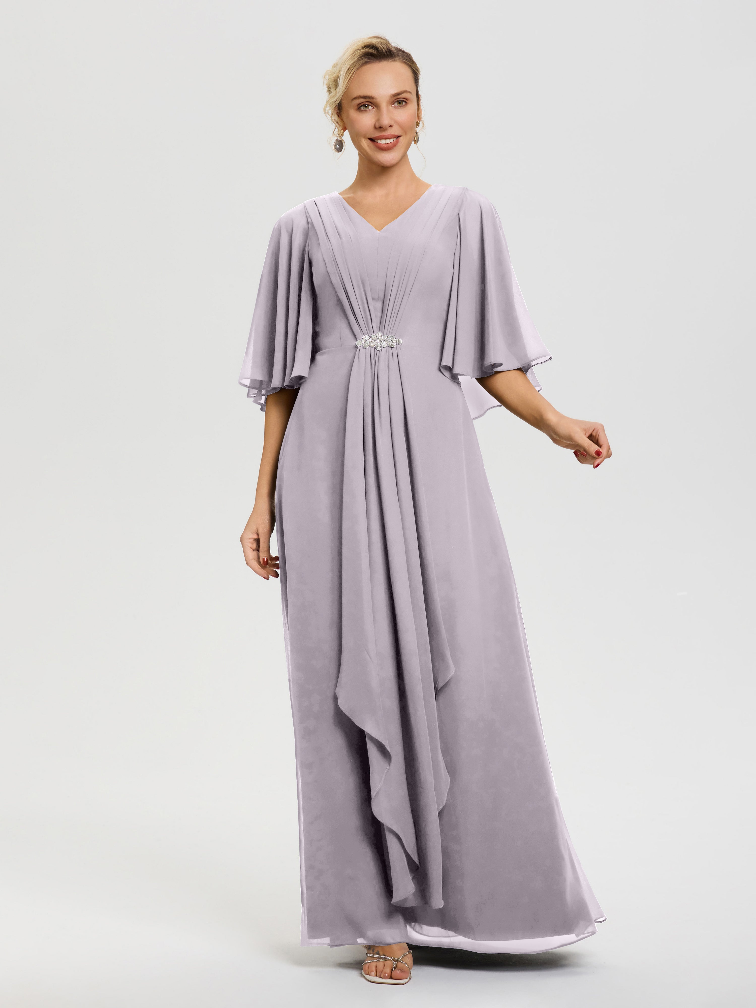 Robe Cérémonie Mariage Mère Du Marié Crepuscule Col V Mousseline Demi Manches Robe De Mère Du Marié