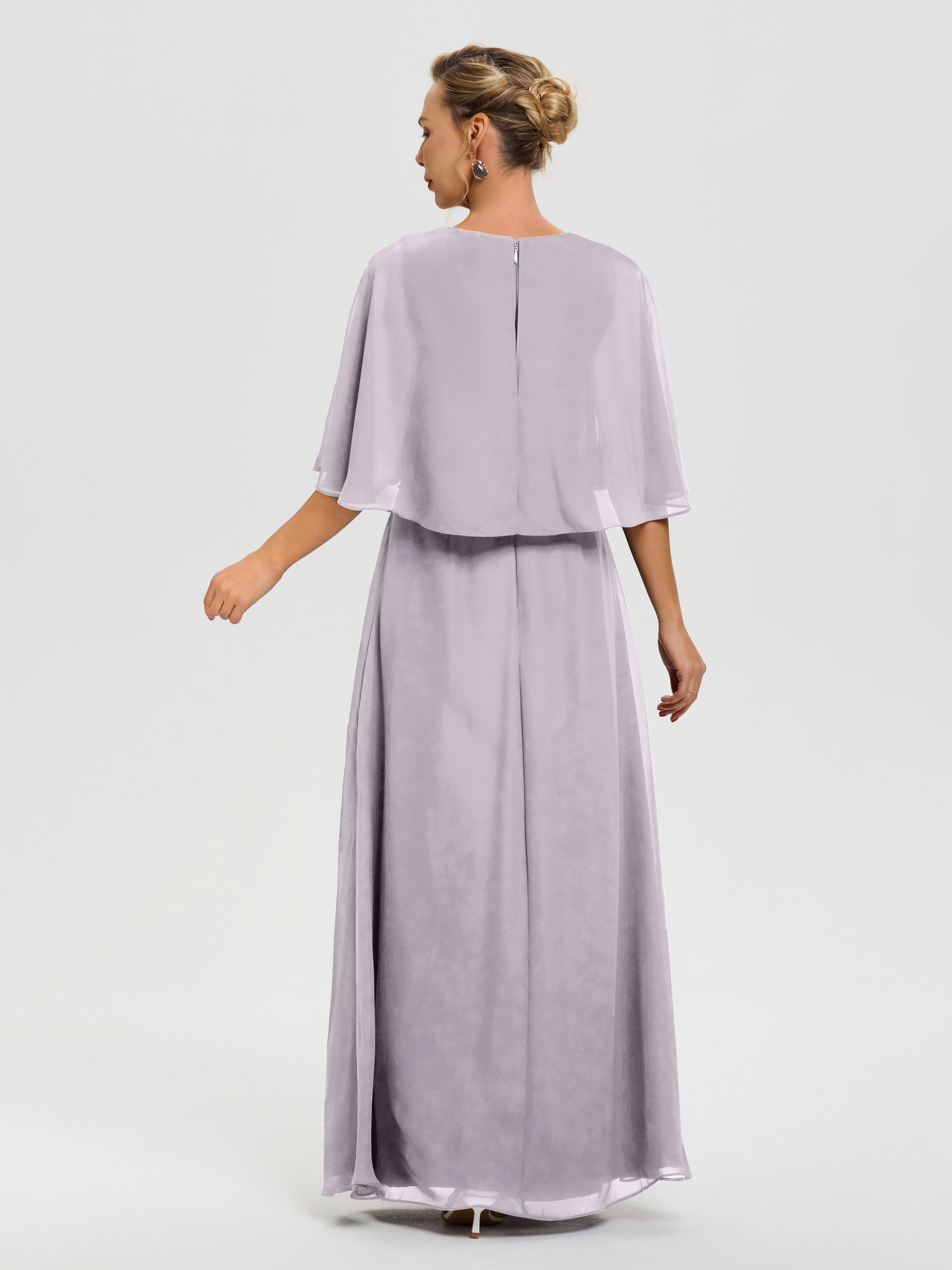 Robe Cérémonie Mariage Mère Du Marié Crepuscule Col V Mousseline Demi Manches Robe De Mère Du Marié