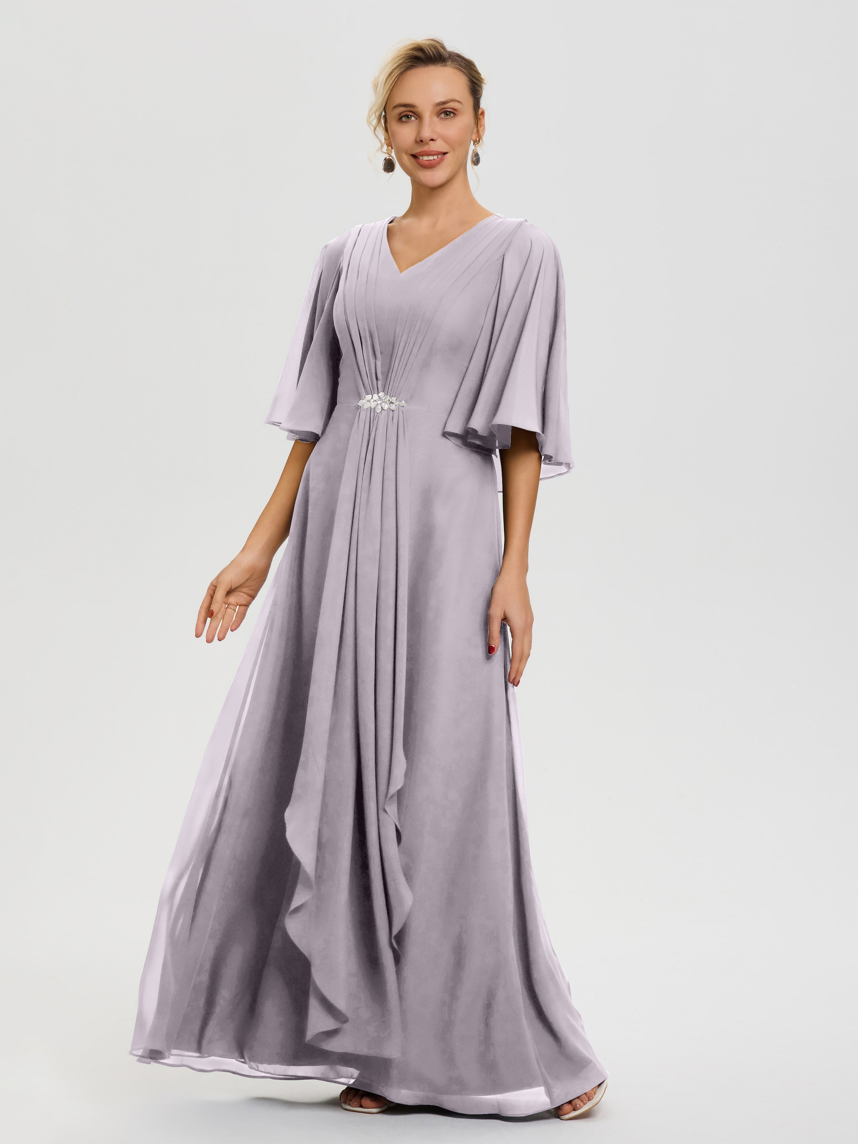 Robe Cérémonie Mariage Mère Du Marié Crepuscule Col V Mousseline Demi Manches Robe De Mère Du Marié