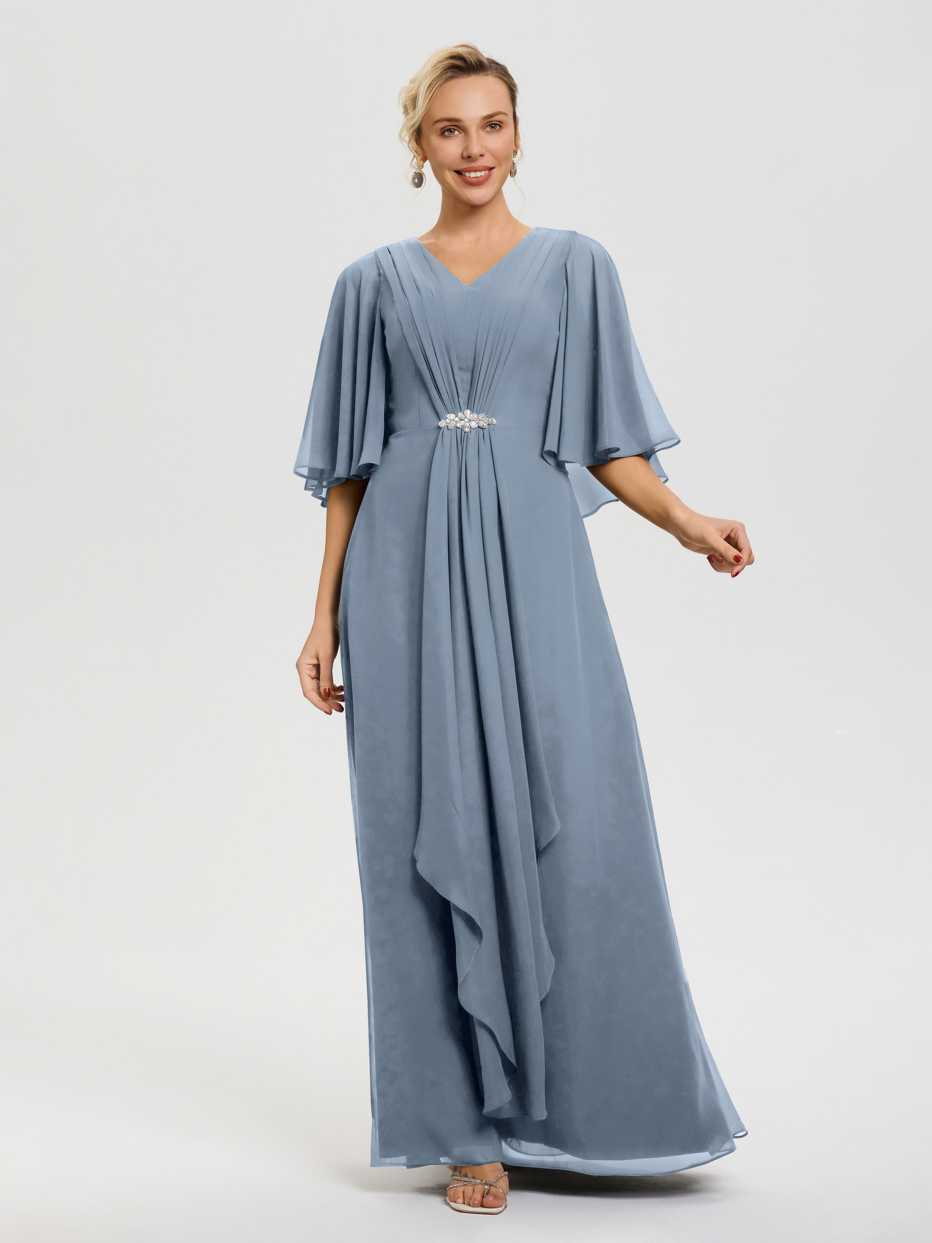 Robe Pour La Mère De La Mariée Bleu Poudré Col V Mousseline Demi Manches Robe De Mère Du Marié