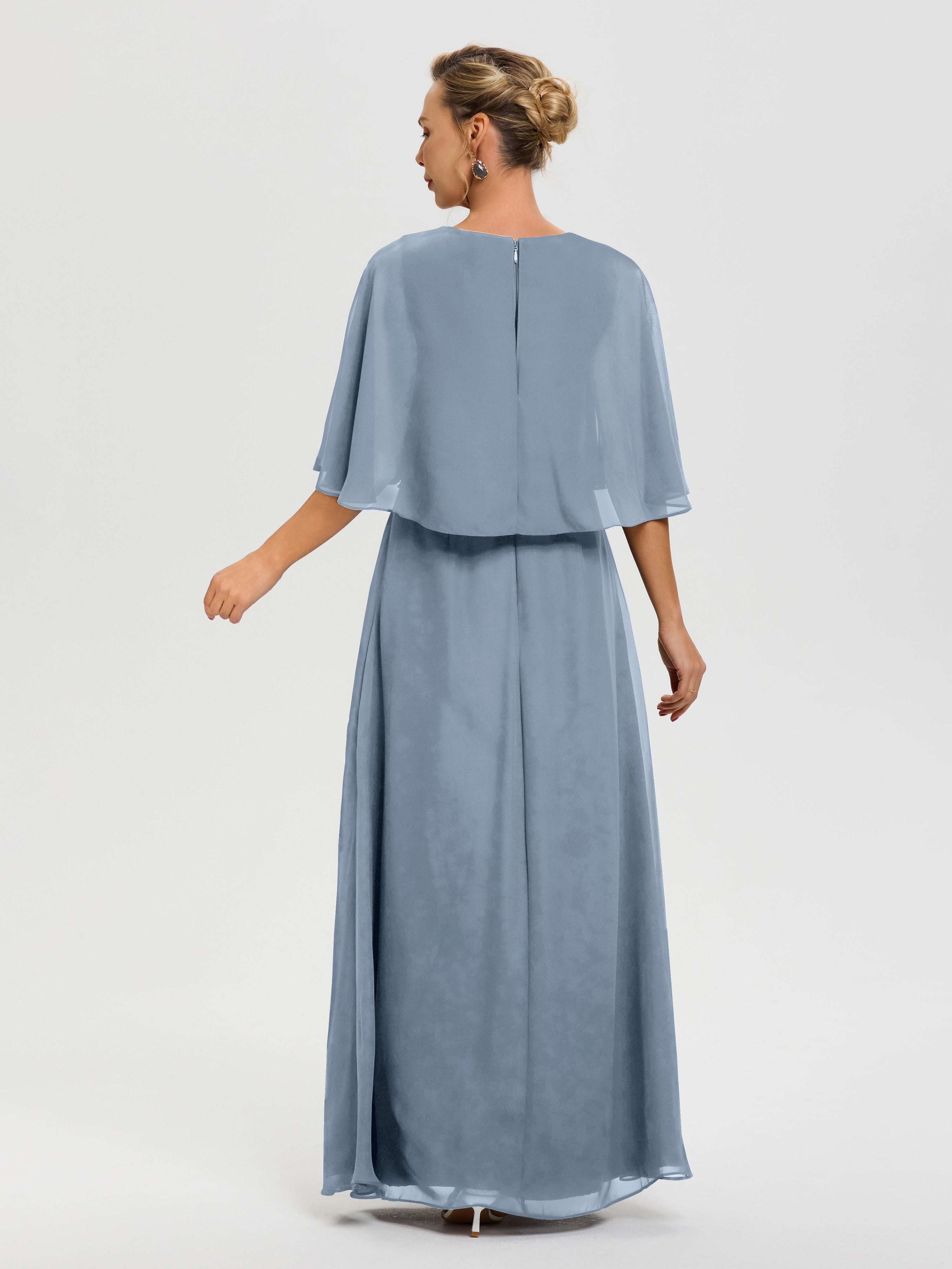 Robe Pour La Mère De La Mariée Bleu Poudré Col V Mousseline Demi Manches Robe De Mère Du Marié