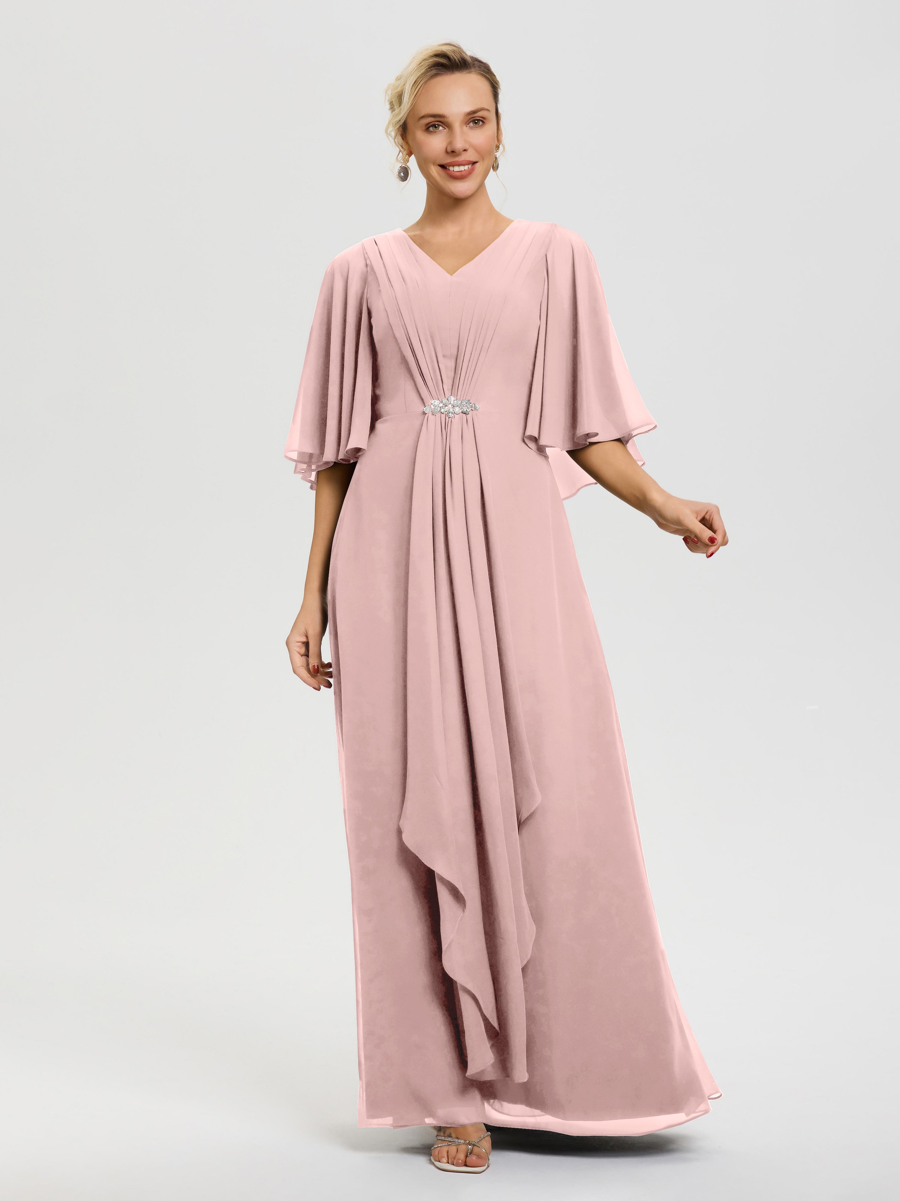 Robe Mere Dela Mariee Rose Poudré Col V Mousseline Demi Manches Robe De Mère Du Marié