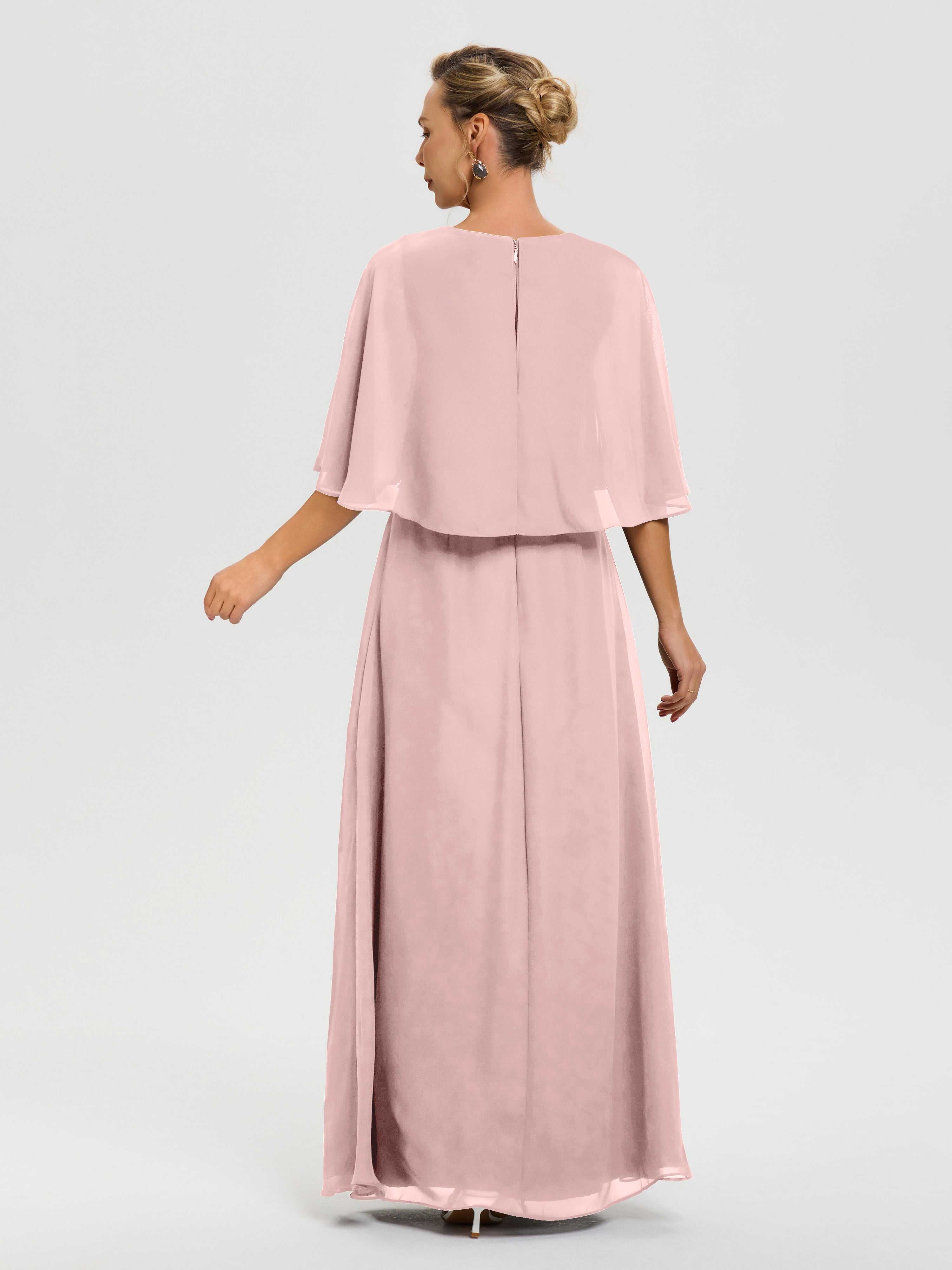 Robe Mere Dela Mariee Rose Poudré Col V Mousseline Demi Manches Robe De Mère Du Marié