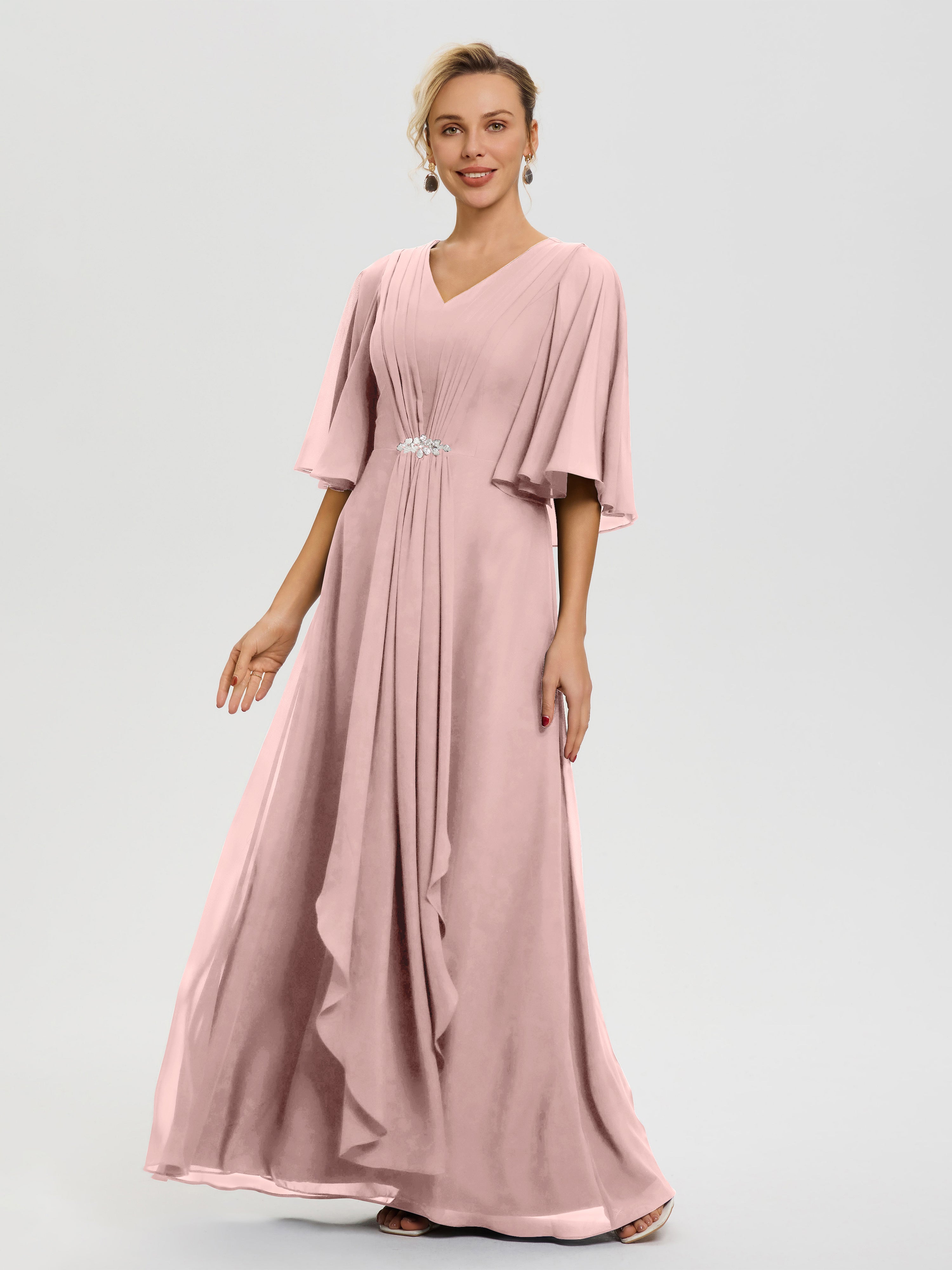 Robe Mere Dela Mariee Rose Poudré Col V Mousseline Demi Manches Robe De Mère Du Marié