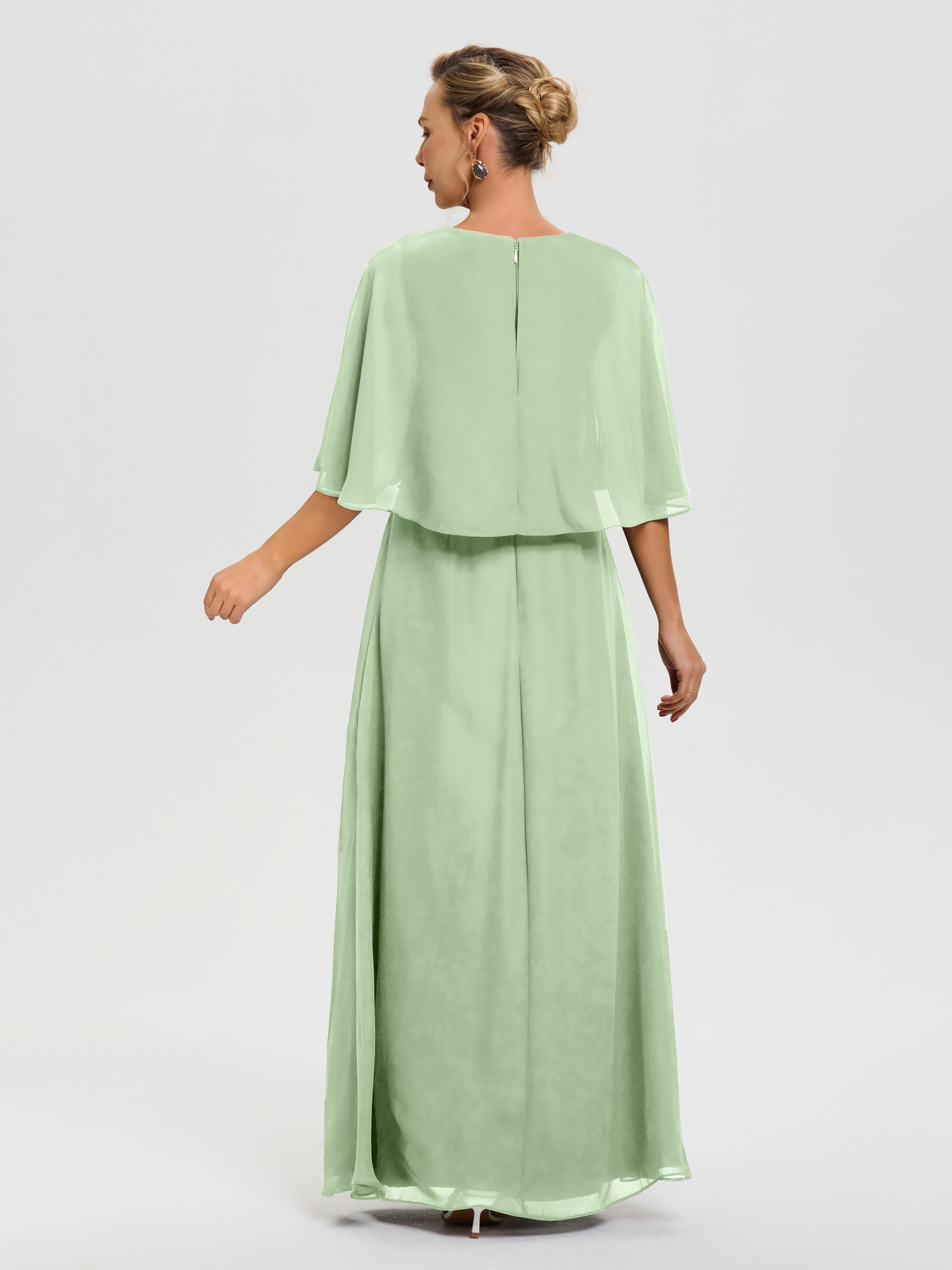 Robe Mère De La Mariée Chic Sauge Poudrée Col V Mousseline Demi Manches Robe De Mère Du Marié