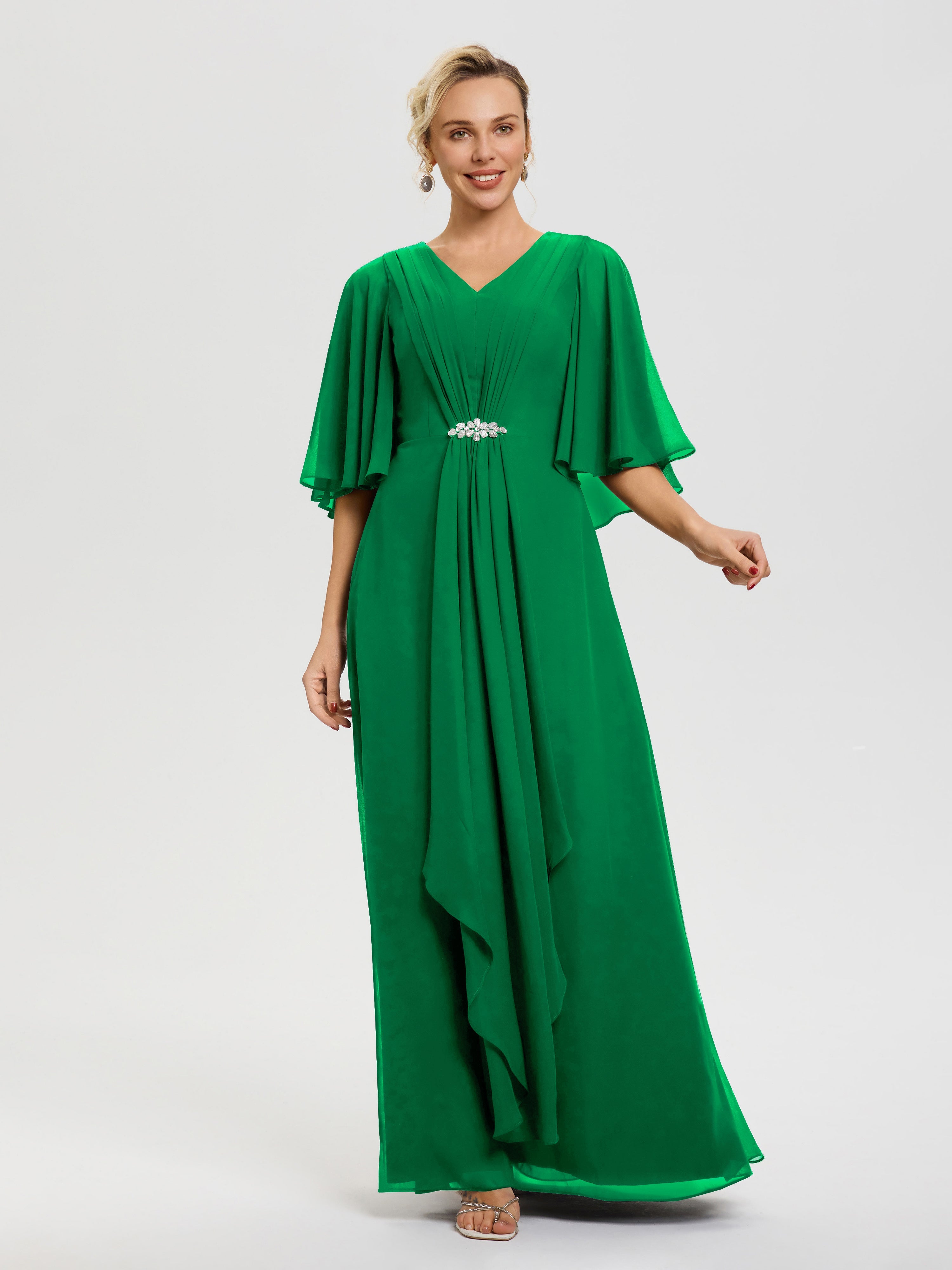 Robe Cérémonie Mariage Mère Du Marié Emeraude Col V Mousseline Demi Manches Robe De Mère Du Marié