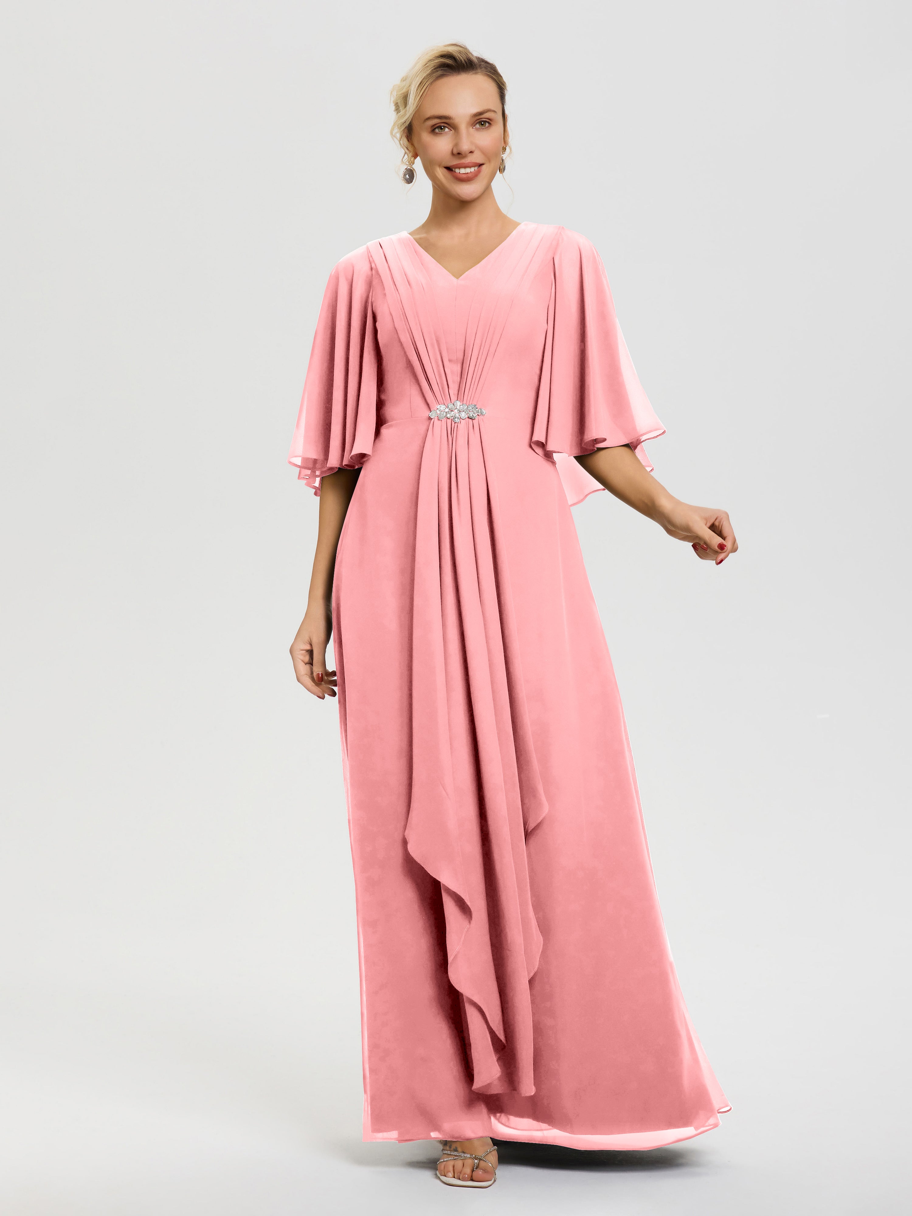 Robe Cérémonie Mariage Mère Du Marié Flamant Col V Mousseline Demi Manches Robe De Mère Du Marié