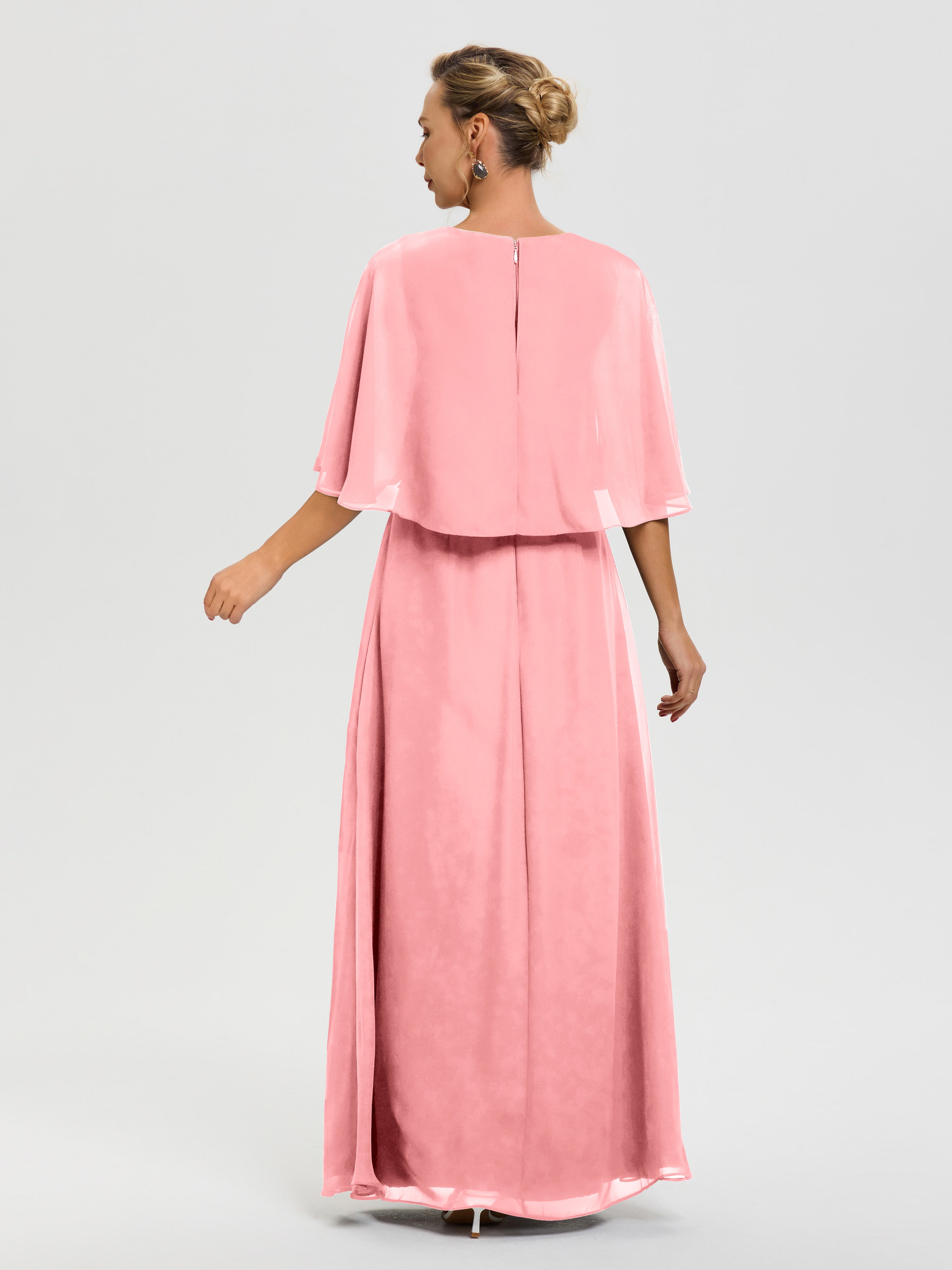 Robe Cérémonie Mariage Mère Du Marié Flamant Col V Mousseline Demi Manches Robe De Mère Du Marié