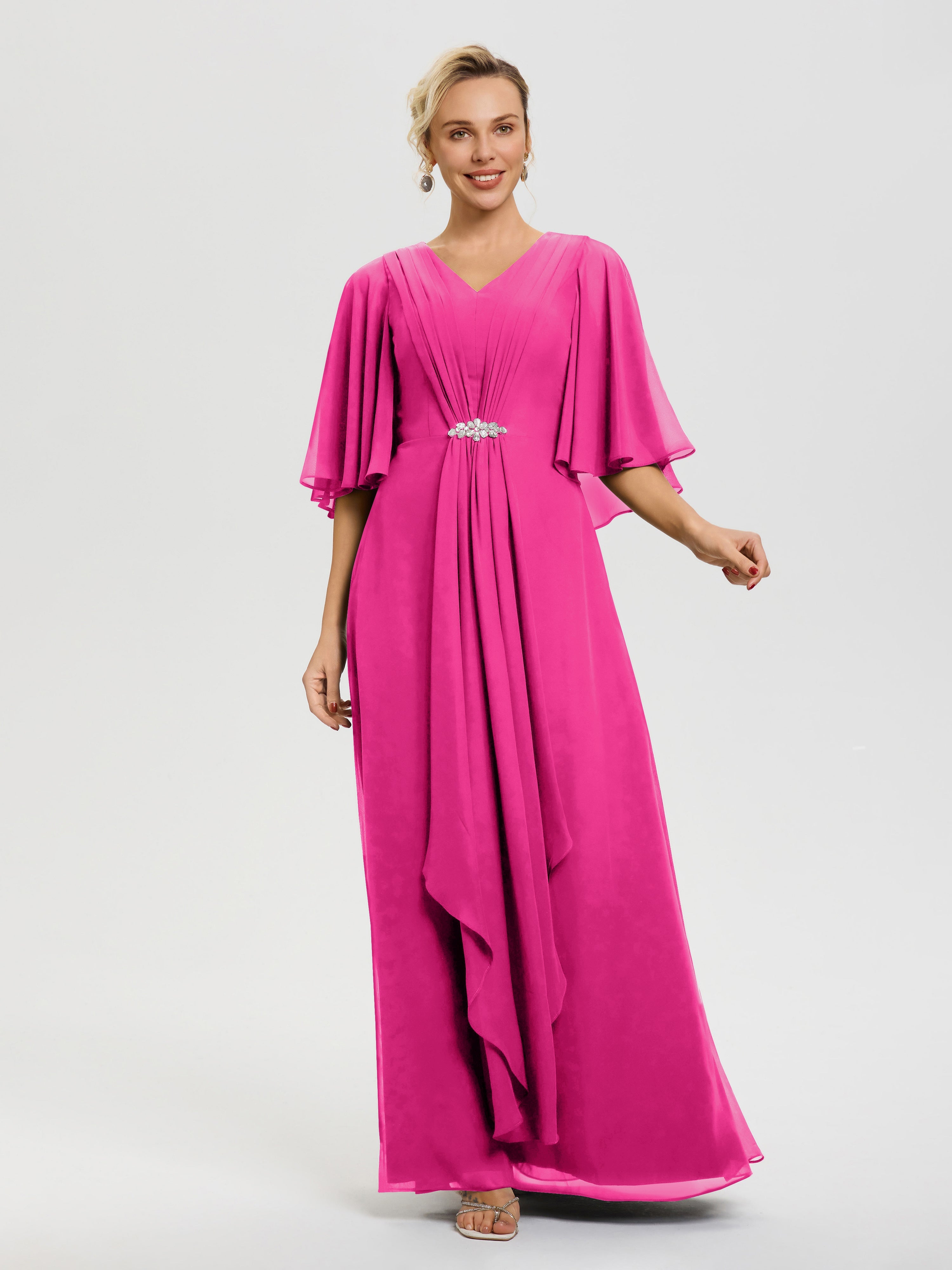 Robe Pour La Mère De La Mariée Fuchsia Col V Mousseline Demi Manches Robe De Mère Du Marié