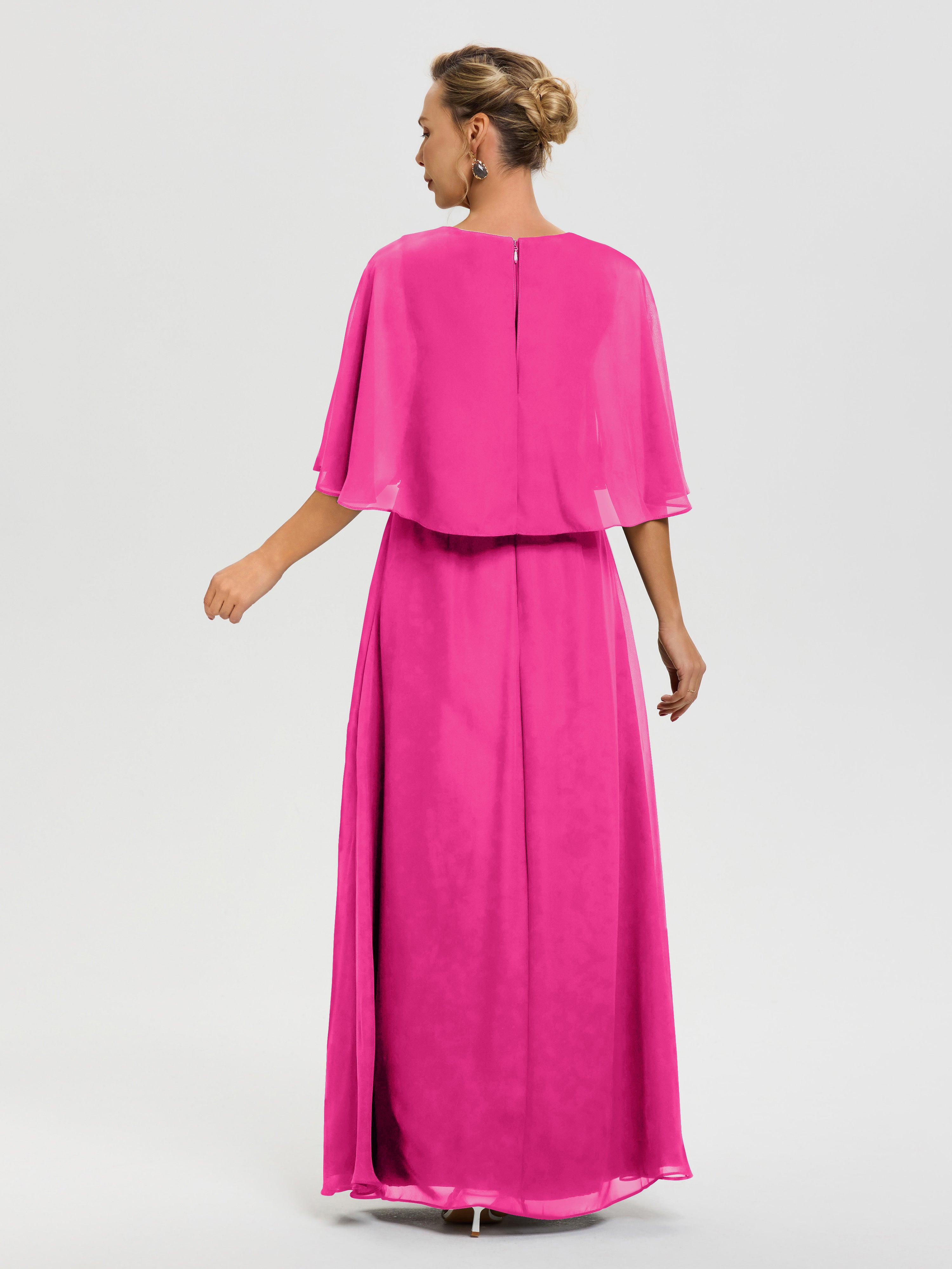 Robe Pour La Mère De La Mariée Fuchsia Col V Mousseline Demi Manches Robe De Mère Du Marié