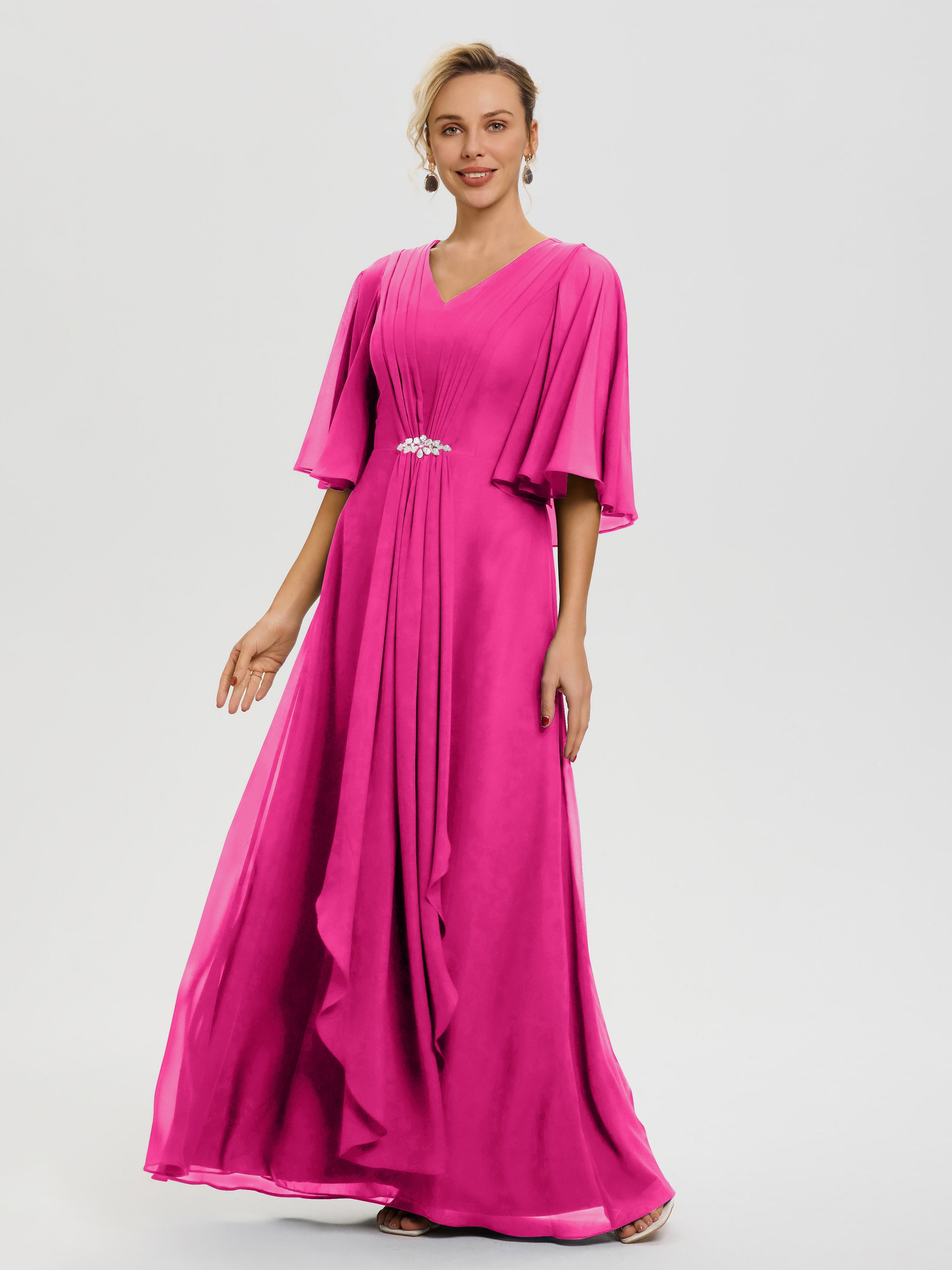 Robe Pour La Mère De La Mariée Fuchsia Col V Mousseline Demi Manches Robe De Mère Du Marié