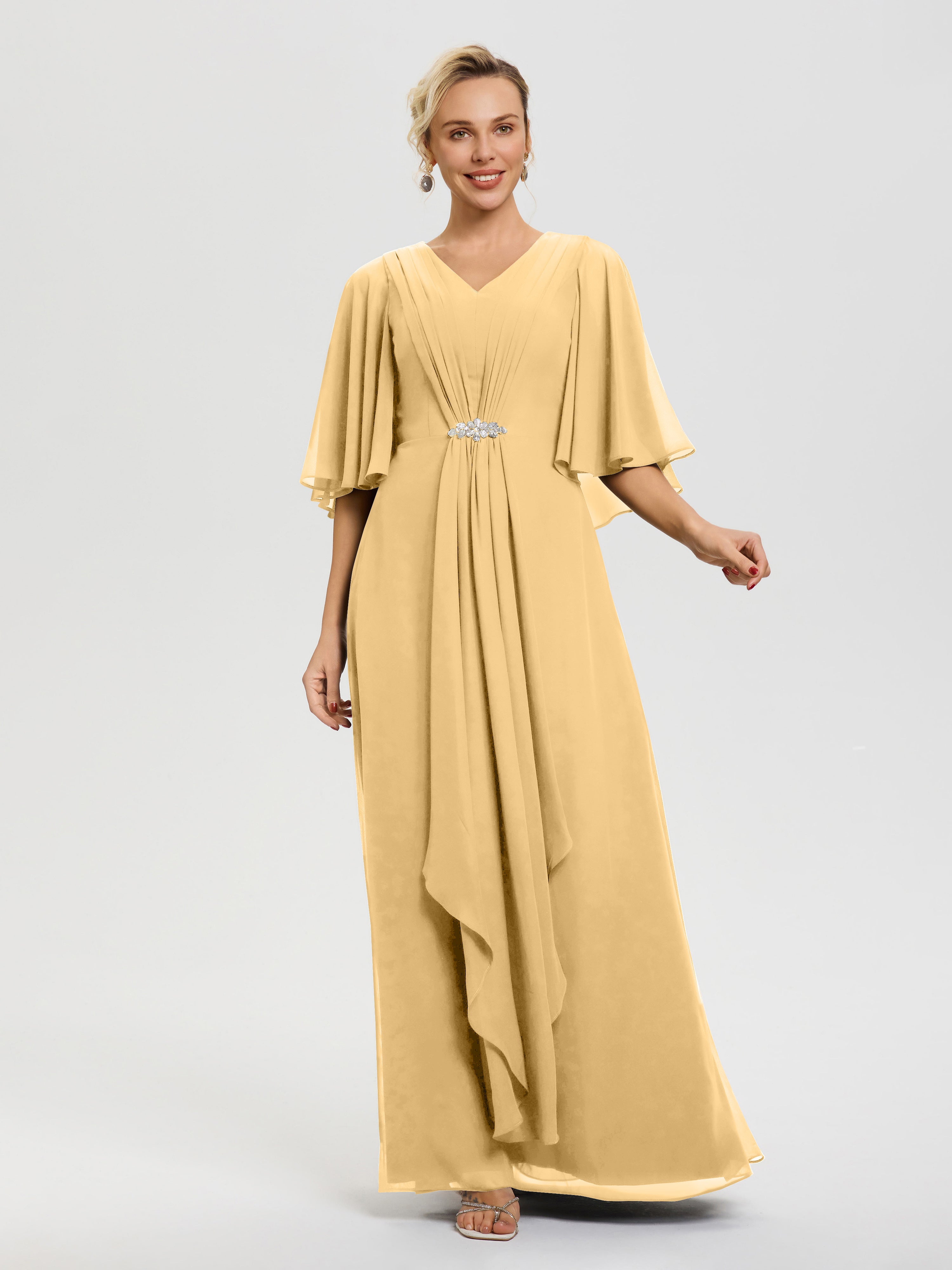 Robe Mariage Mère De La Mariée Or Col V Mousseline Demi Manches Robe De Mère Du Marié