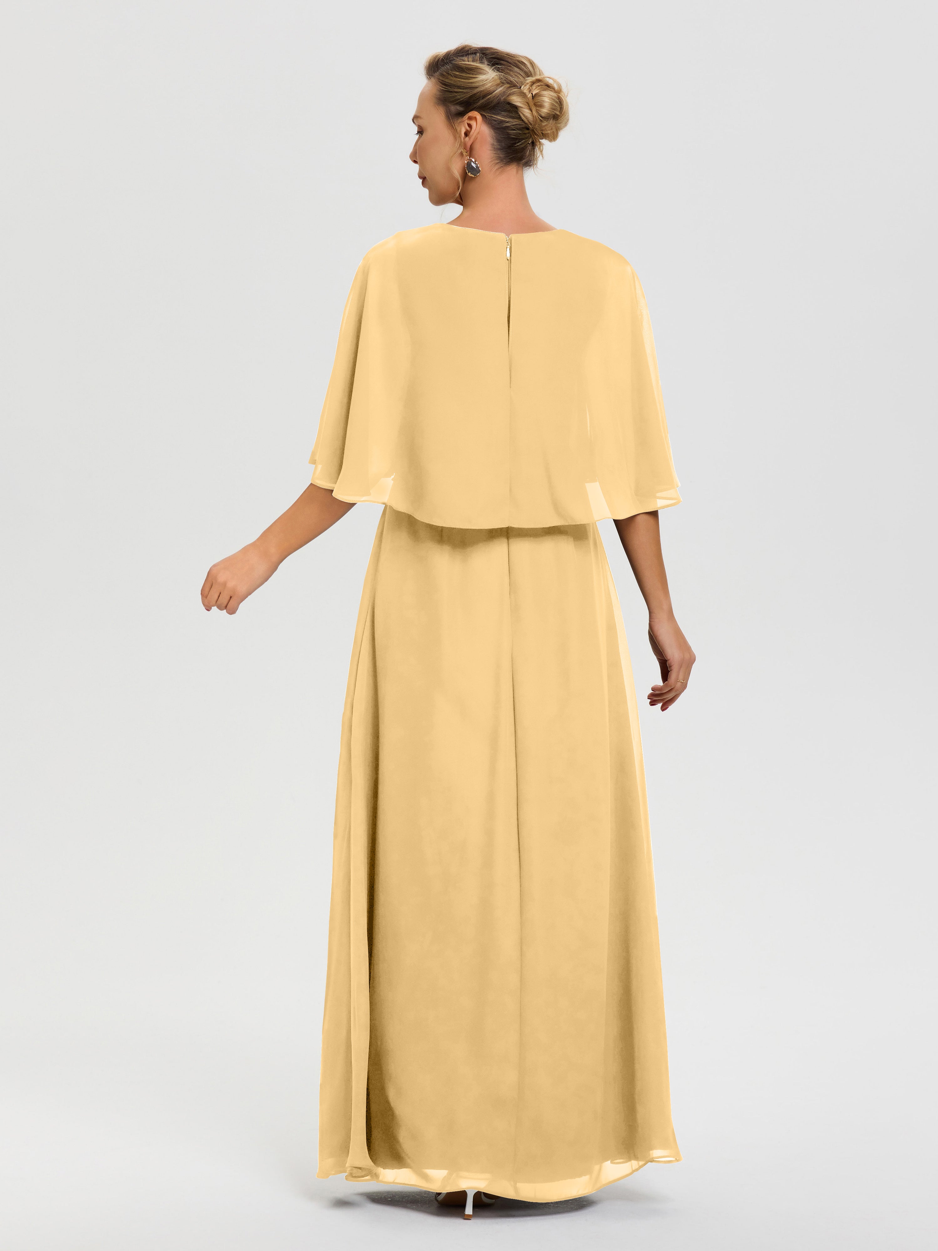 Robe Mariage Mère De La Mariée Or Col V Mousseline Demi Manches Robe De Mère Du Marié