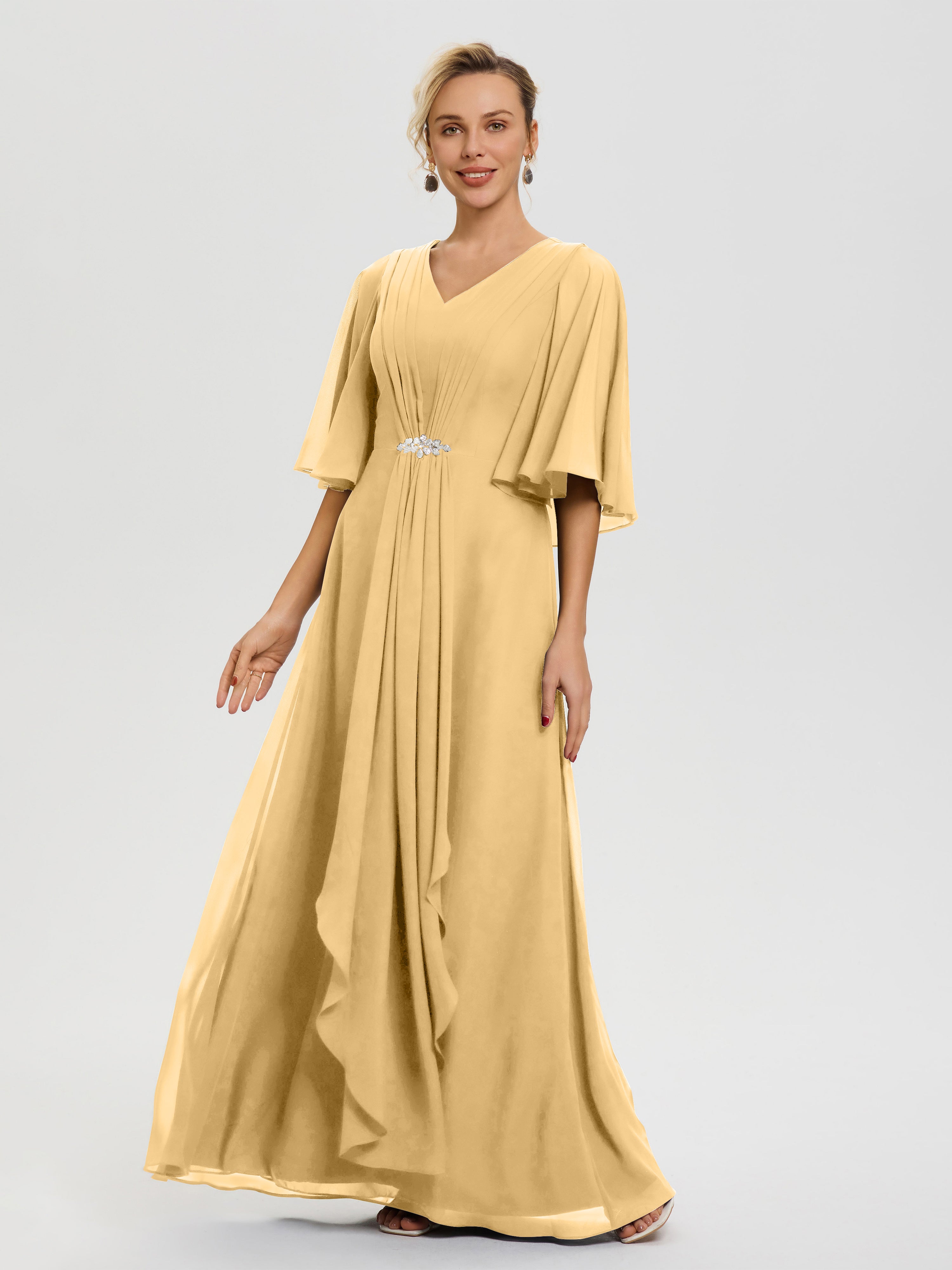 Robe Mariage Mère De La Mariée Or Col V Mousseline Demi Manches Robe De Mère Du Marié