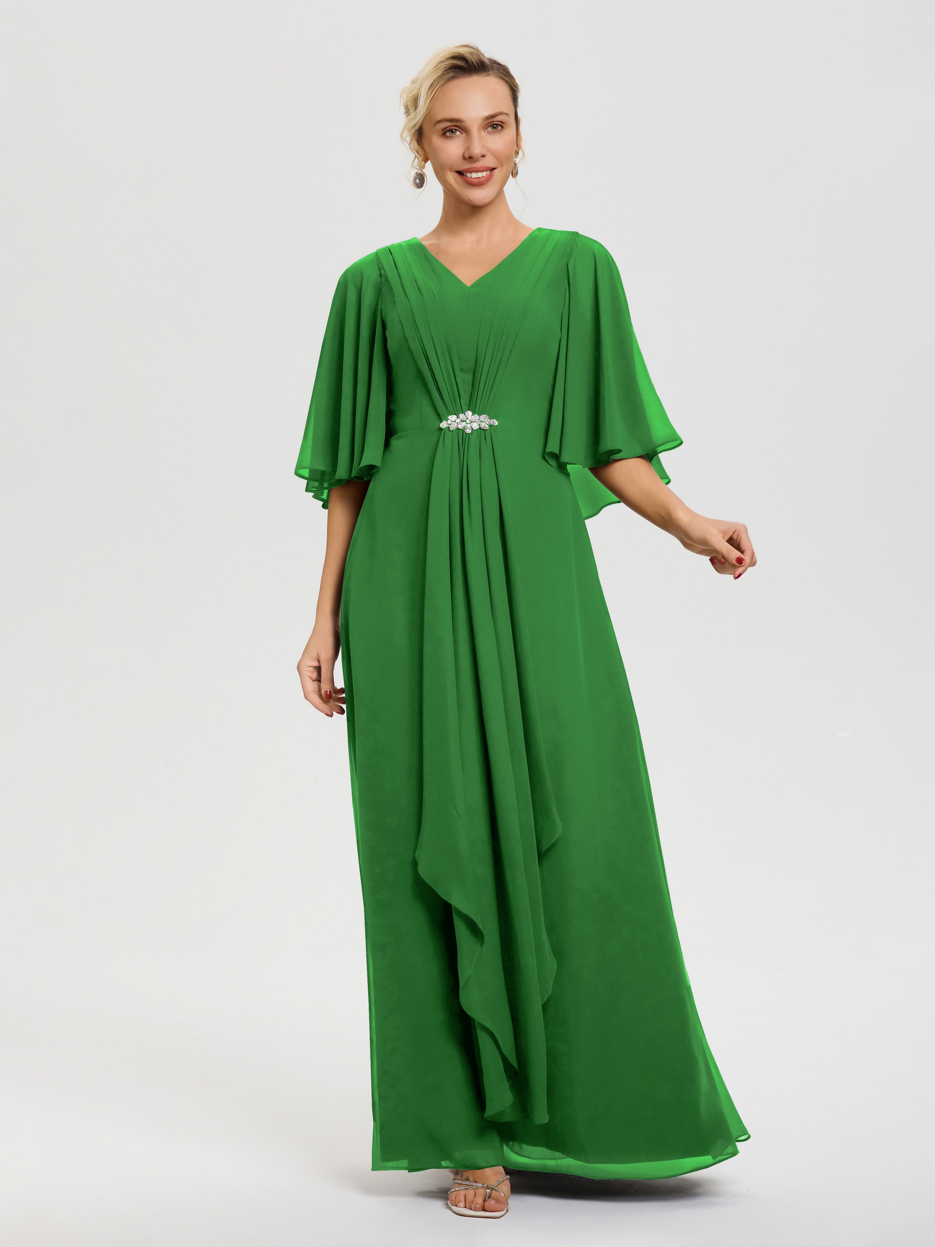 Robe Cérémonie Mère De La Mariée Vert Col V Mousseline Demi Manches Robe De Mère Du Marié