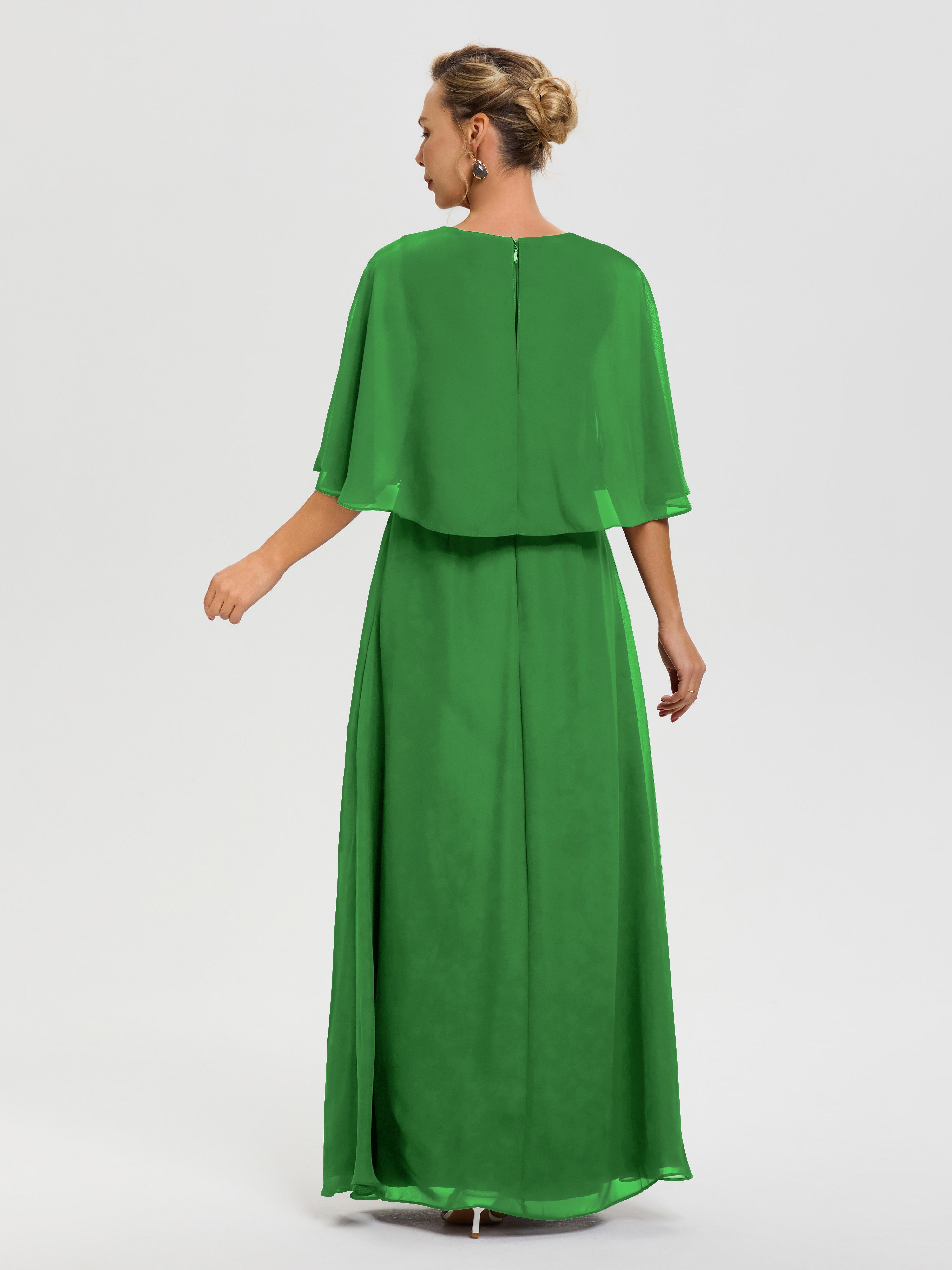 Robe Cérémonie Mère De La Mariée Vert Col V Mousseline Demi Manches Robe De Mère Du Marié