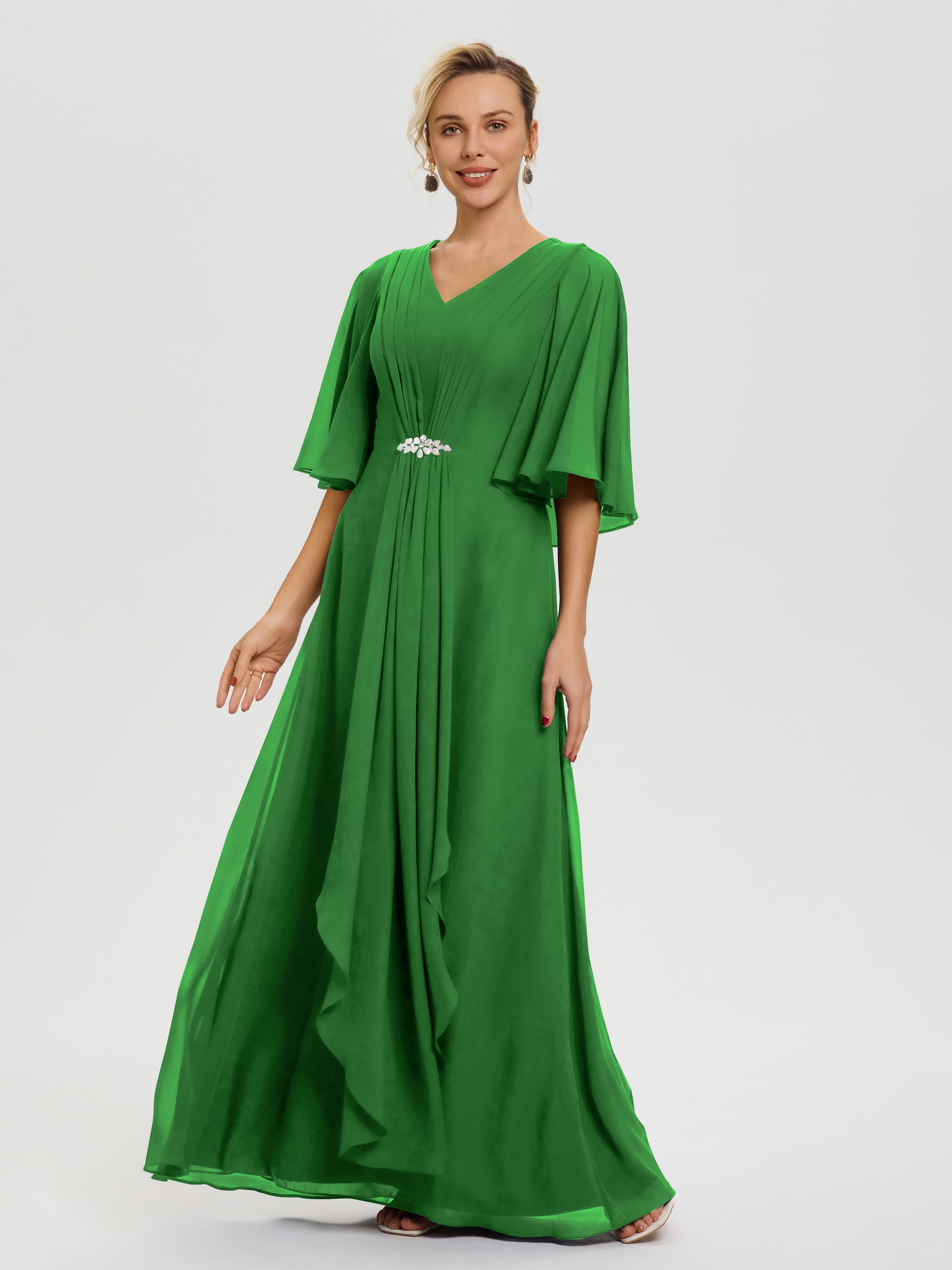 Robe Cérémonie Mère De La Mariée Vert Col V Mousseline Demi Manches Robe De Mère Du Marié