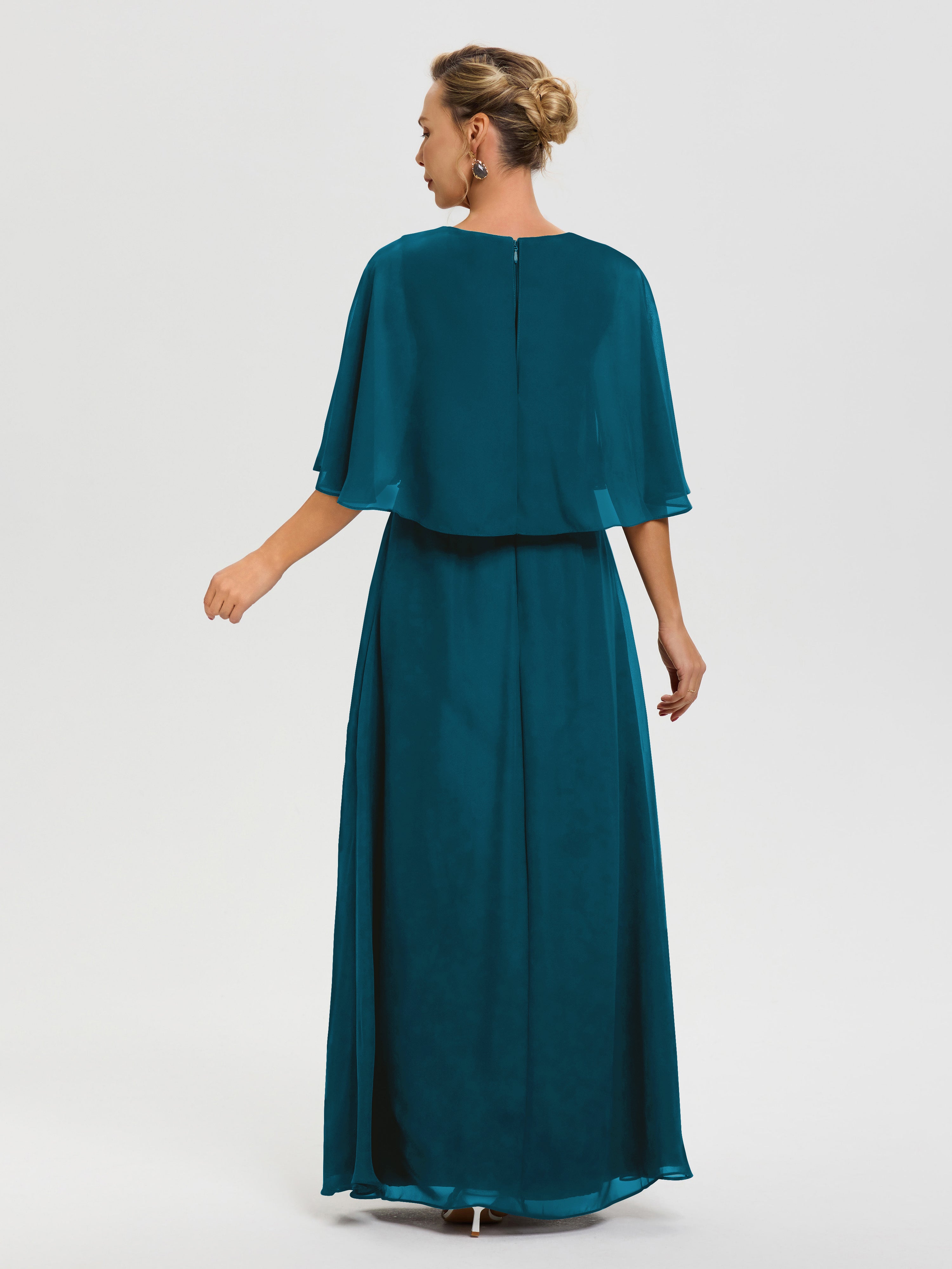 Robe Pour La Mère De La Mariée Bleu Encre Col V Mousseline Demi Manches Robe De Mère Du Marié