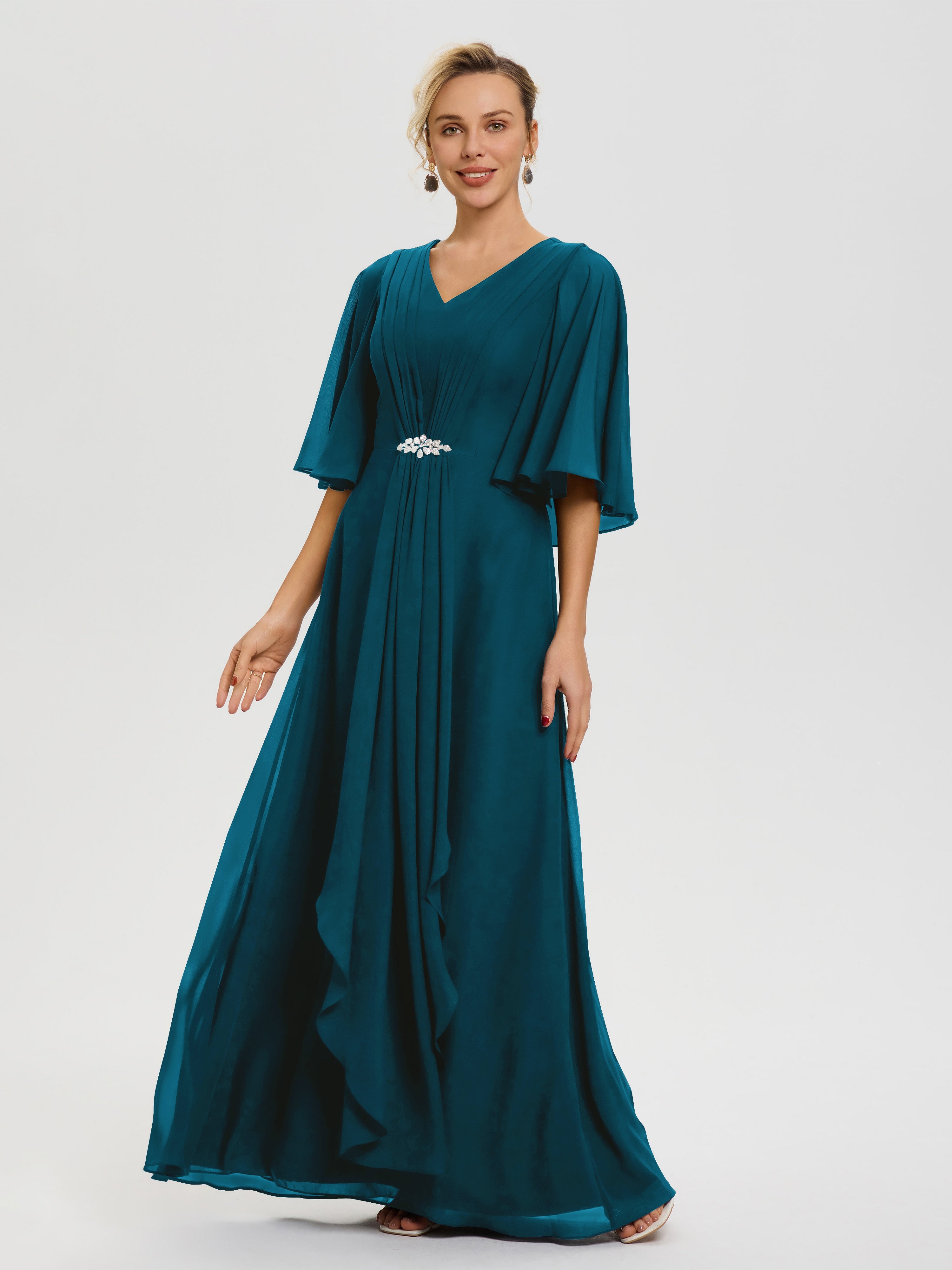 Robe Pour La Mère De La Mariée Bleu Encre Col V Mousseline Demi Manches Robe De Mère Du Marié
