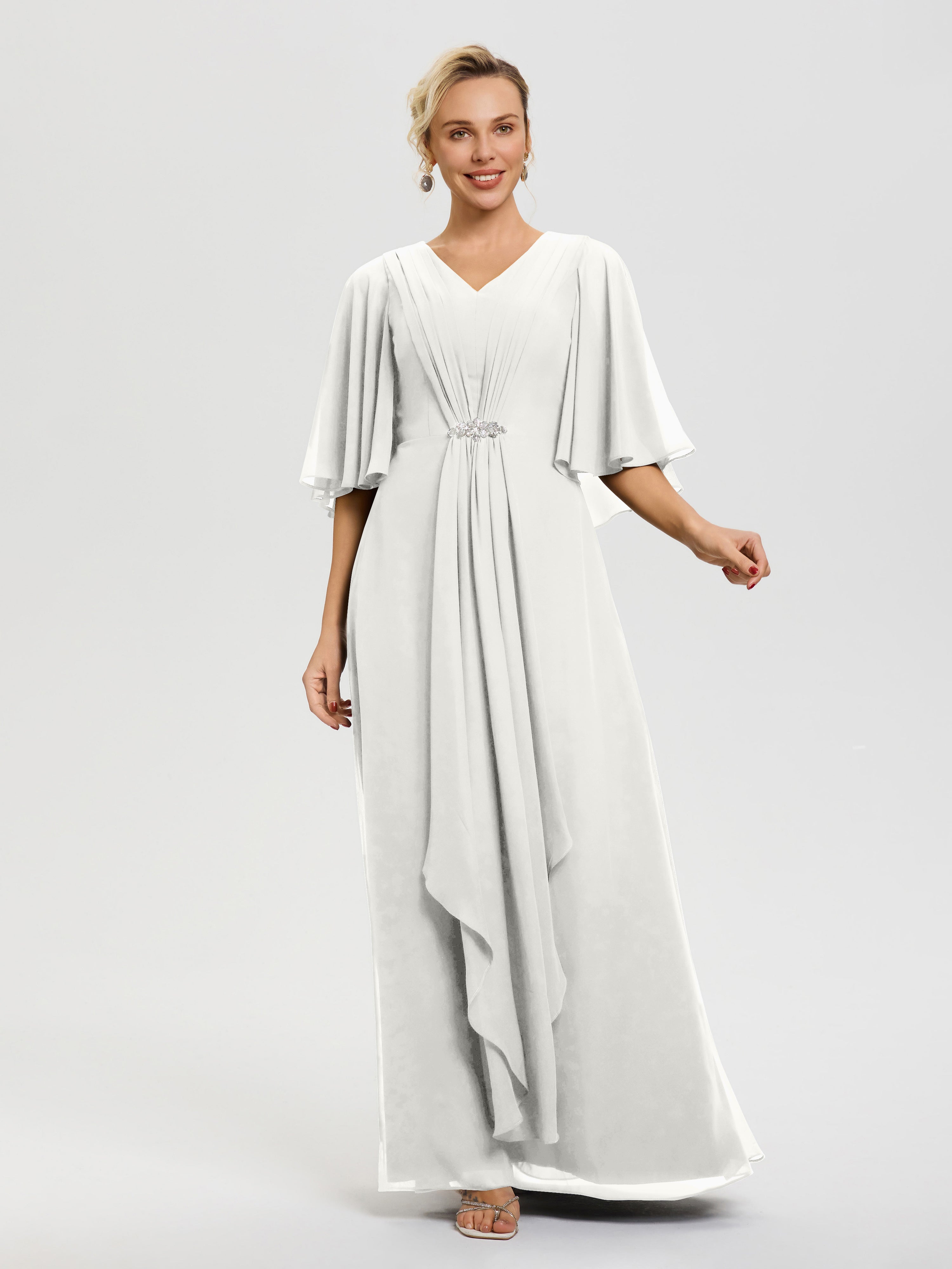 Robe Pour La Mère De La Mariée Ivoire Col V Mousseline Demi Manches Robe De Mère Du Marié