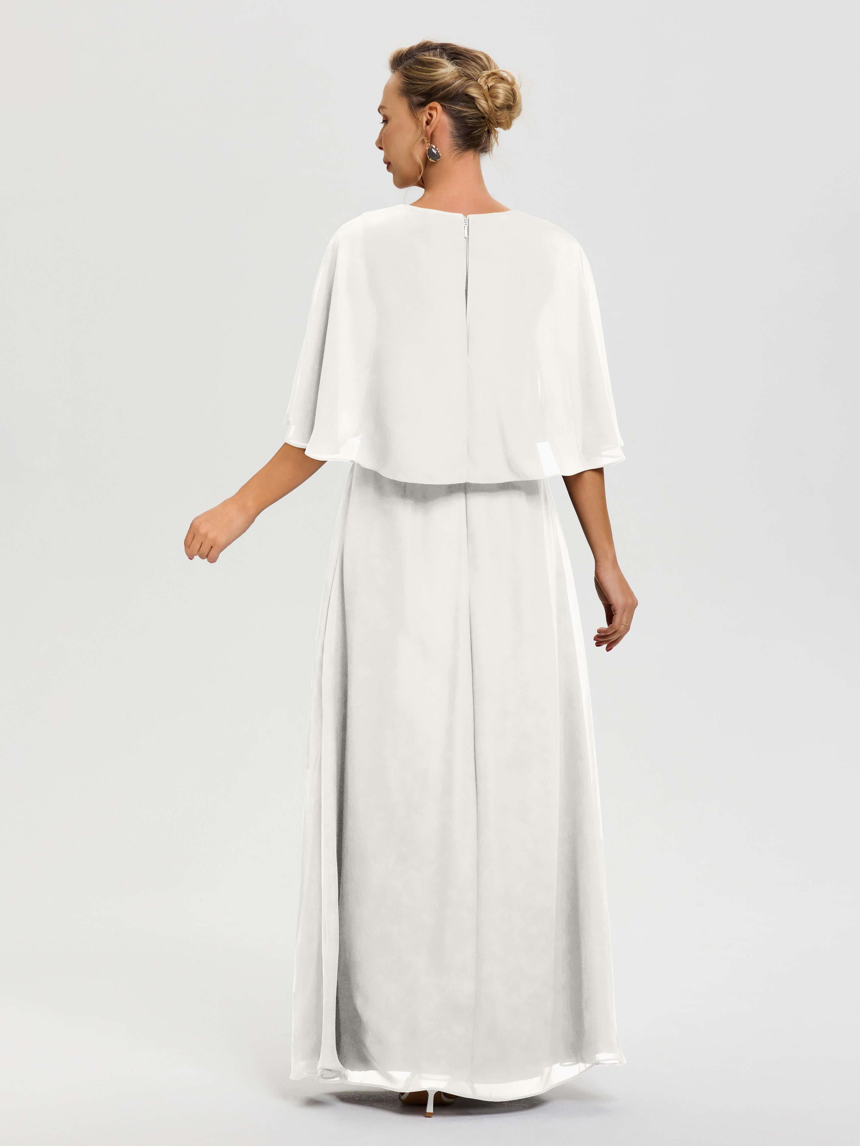 Robe Pour La Mère De La Mariée Ivoire Col V Mousseline Demi Manches Robe De Mère Du Marié