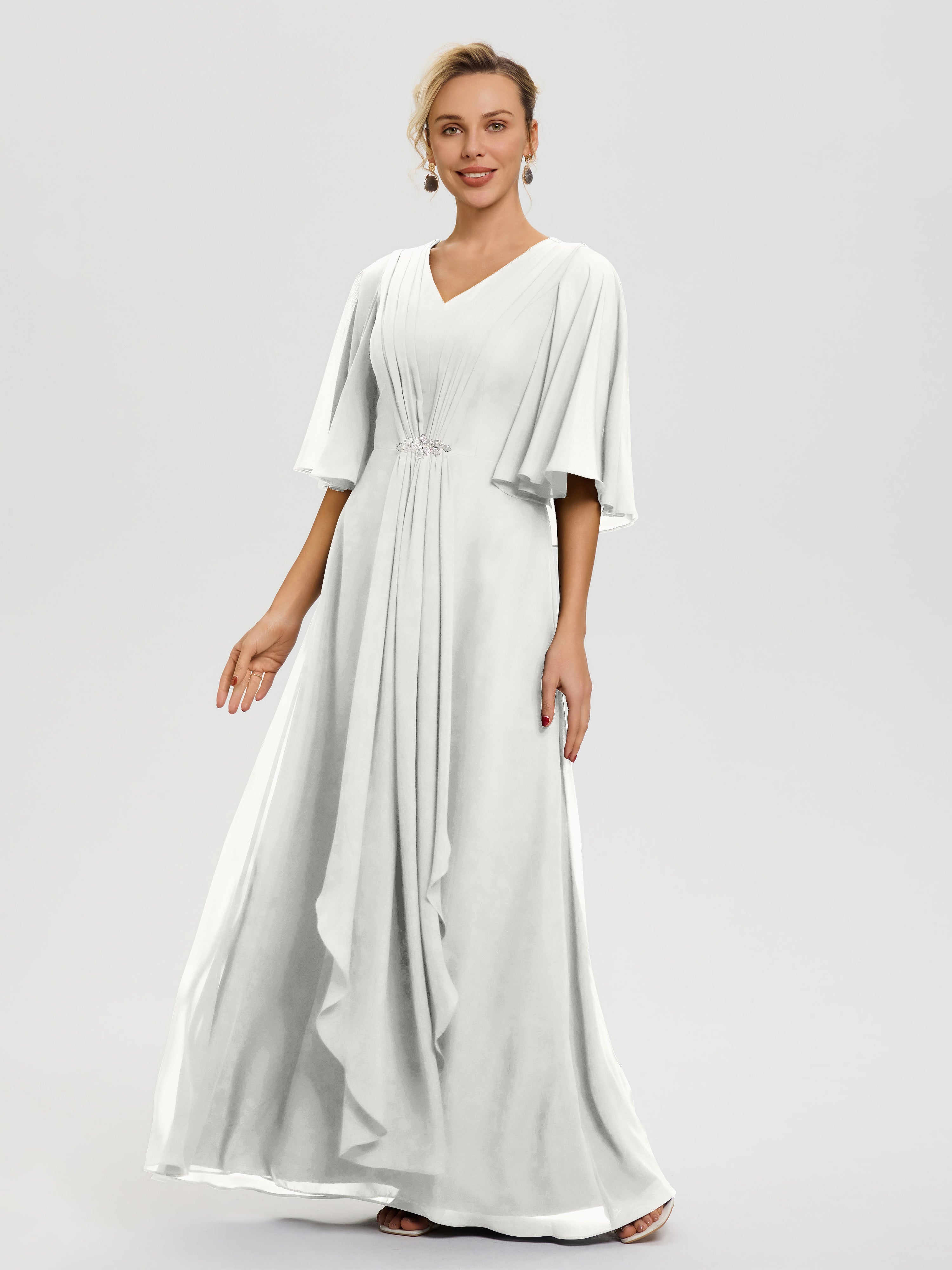 Robe Pour La Mère De La Mariée Ivoire Col V Mousseline Demi Manches Robe De Mère Du Marié