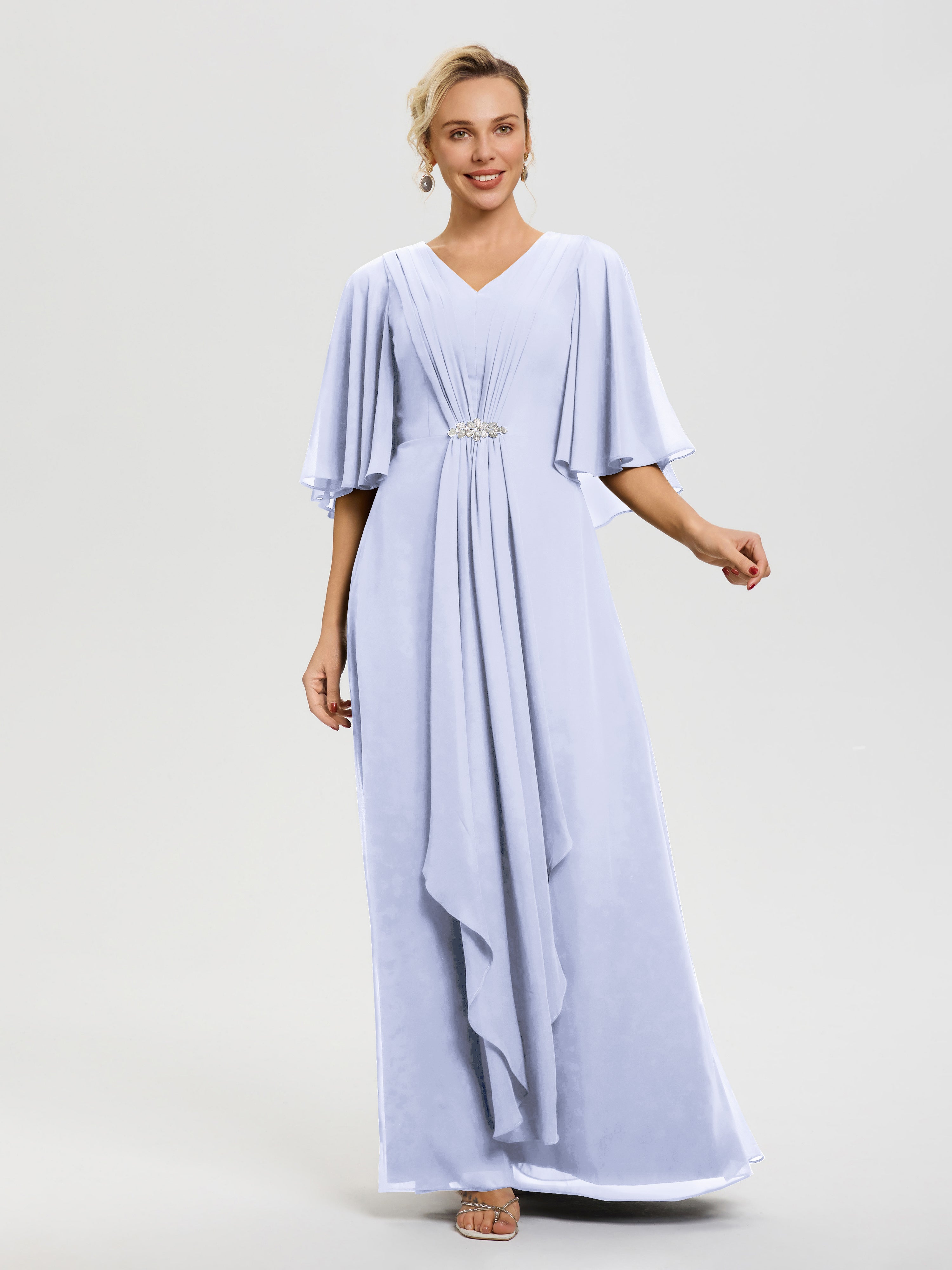 Robe Mariage Mère De La Mariée Lavande Col V Mousseline Demi Manches Robe De Mère Du Marié