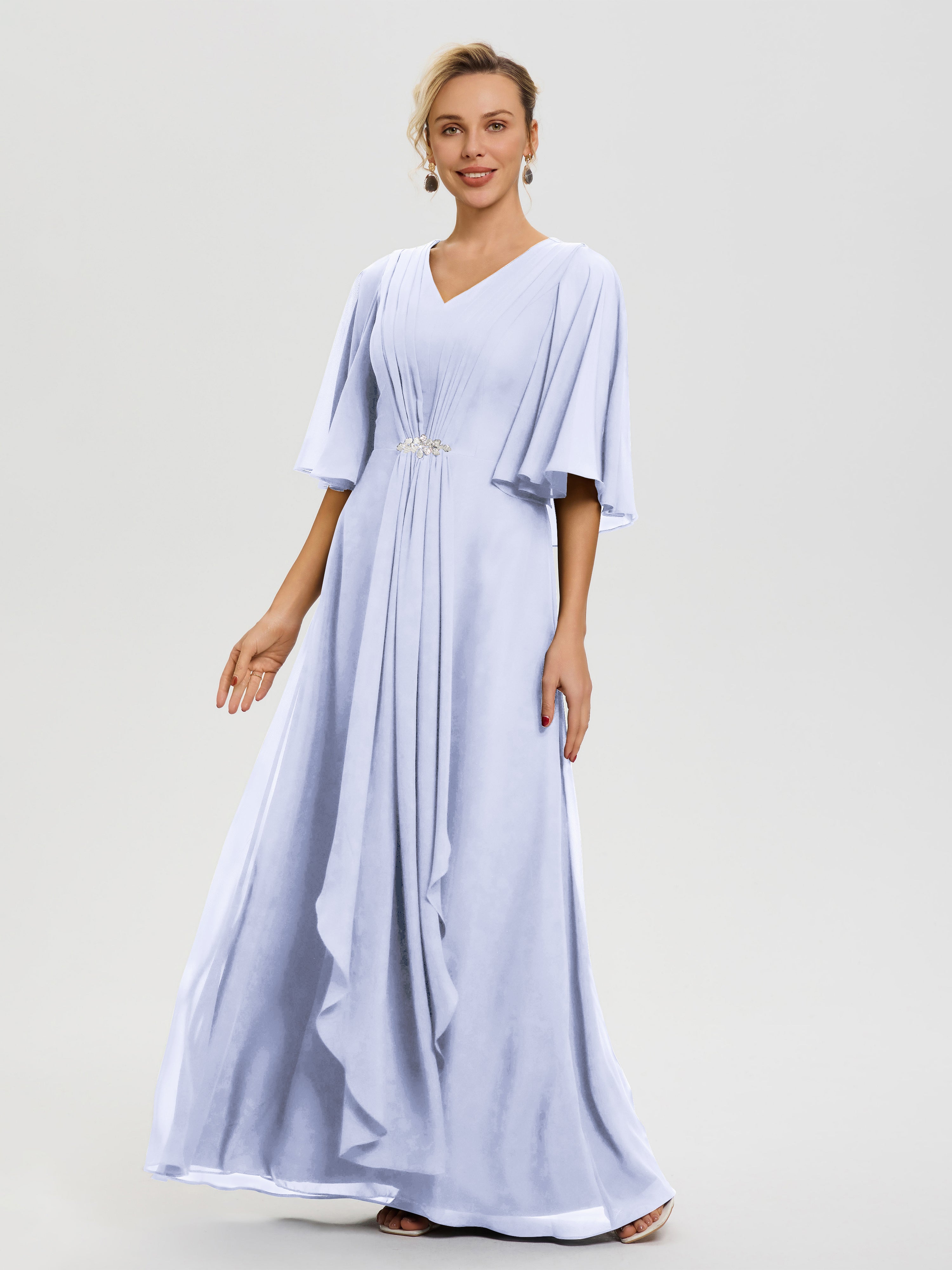 Robe Mariage Mère De La Mariée Lavande Col V Mousseline Demi Manches Robe De Mère Du Marié
