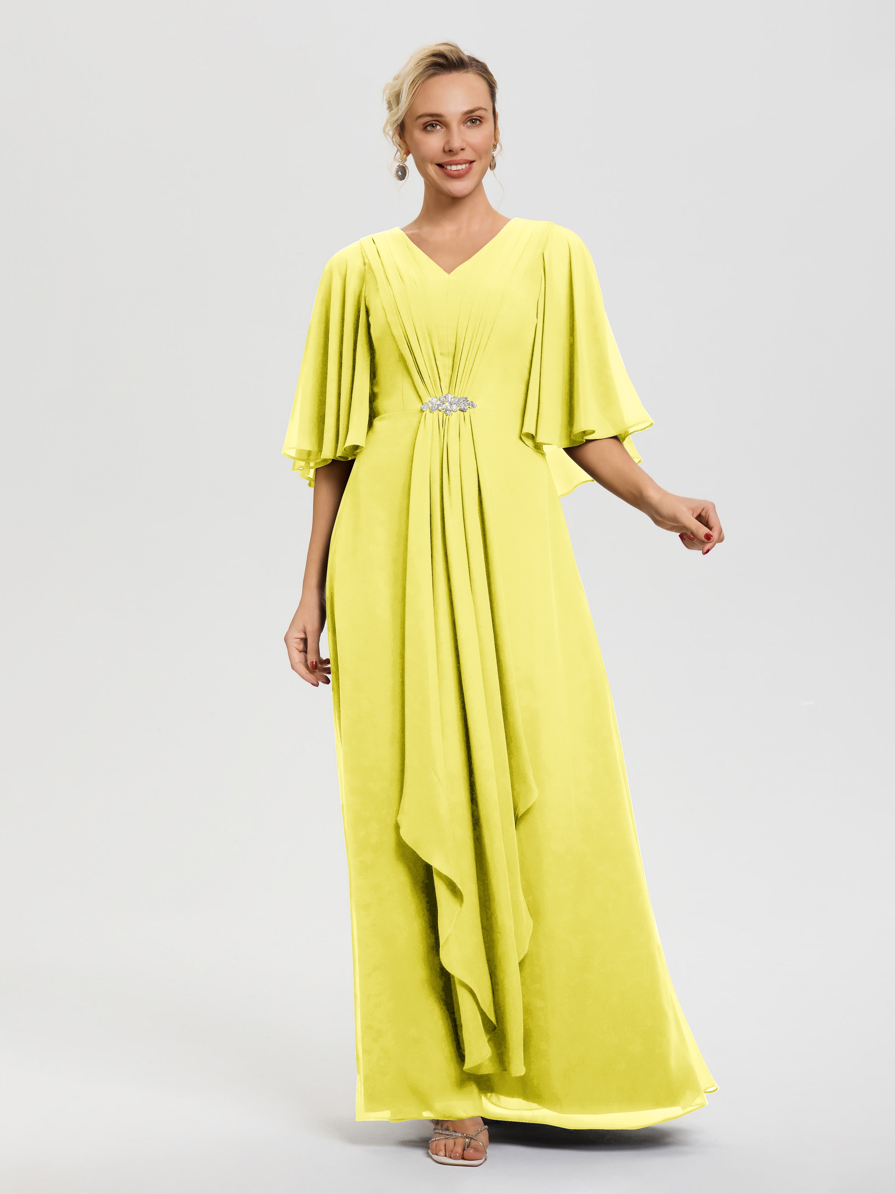 Robe Cérémonie Mariage Mère Du Marié Citron Col-V-Mousseline-Demi-Manches-Robe-De-Mere-Du-Marie