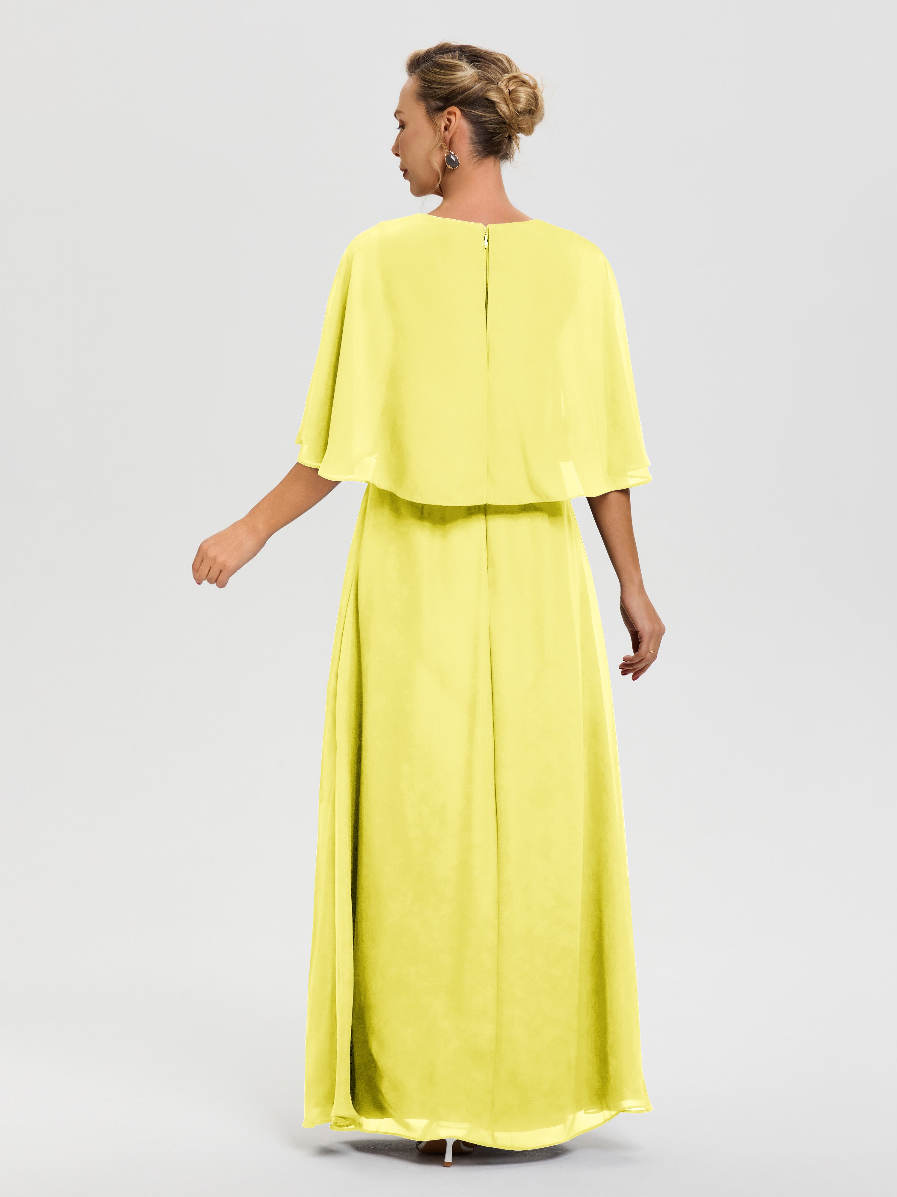 Robe Cérémonie Mariage Mère Du Marié Citron Col-V-Mousseline-Demi-Manches-Robe-De-Mere-Du-Marie