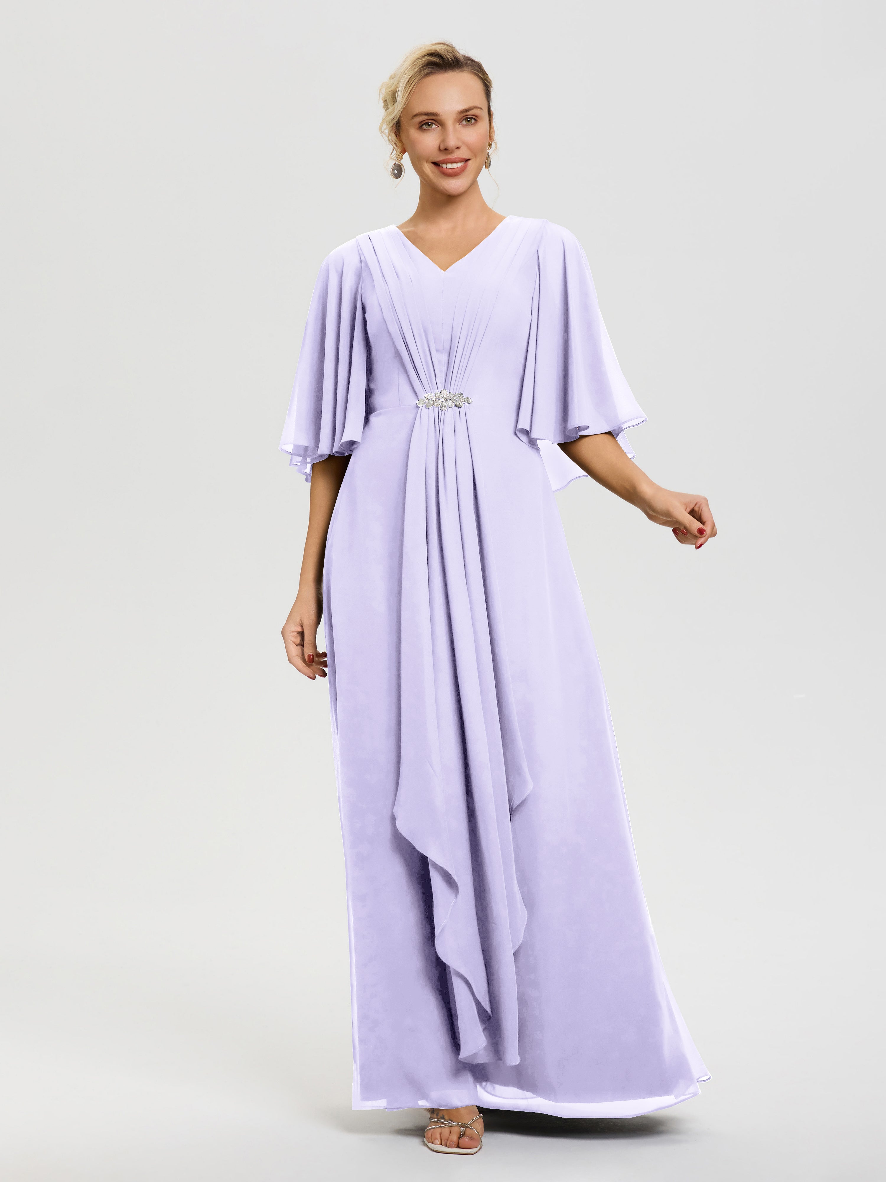Robe Mariage Mère De La Mariée Lilas Col V Mousseline Demi Manches Robe De Mère Du Marié