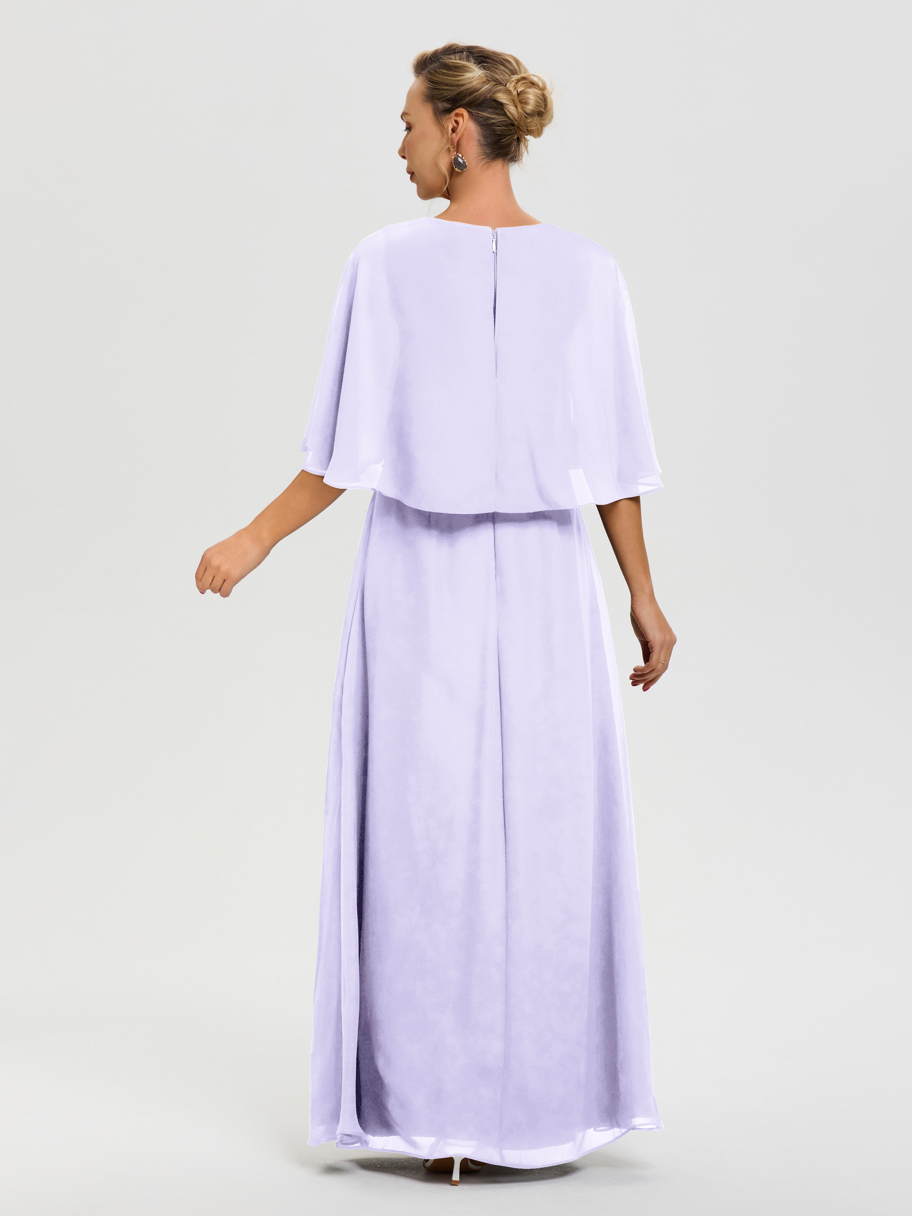 Robe Mariage Mère De La Mariée Lilas Col V Mousseline Demi Manches Robe De Mère Du Marié