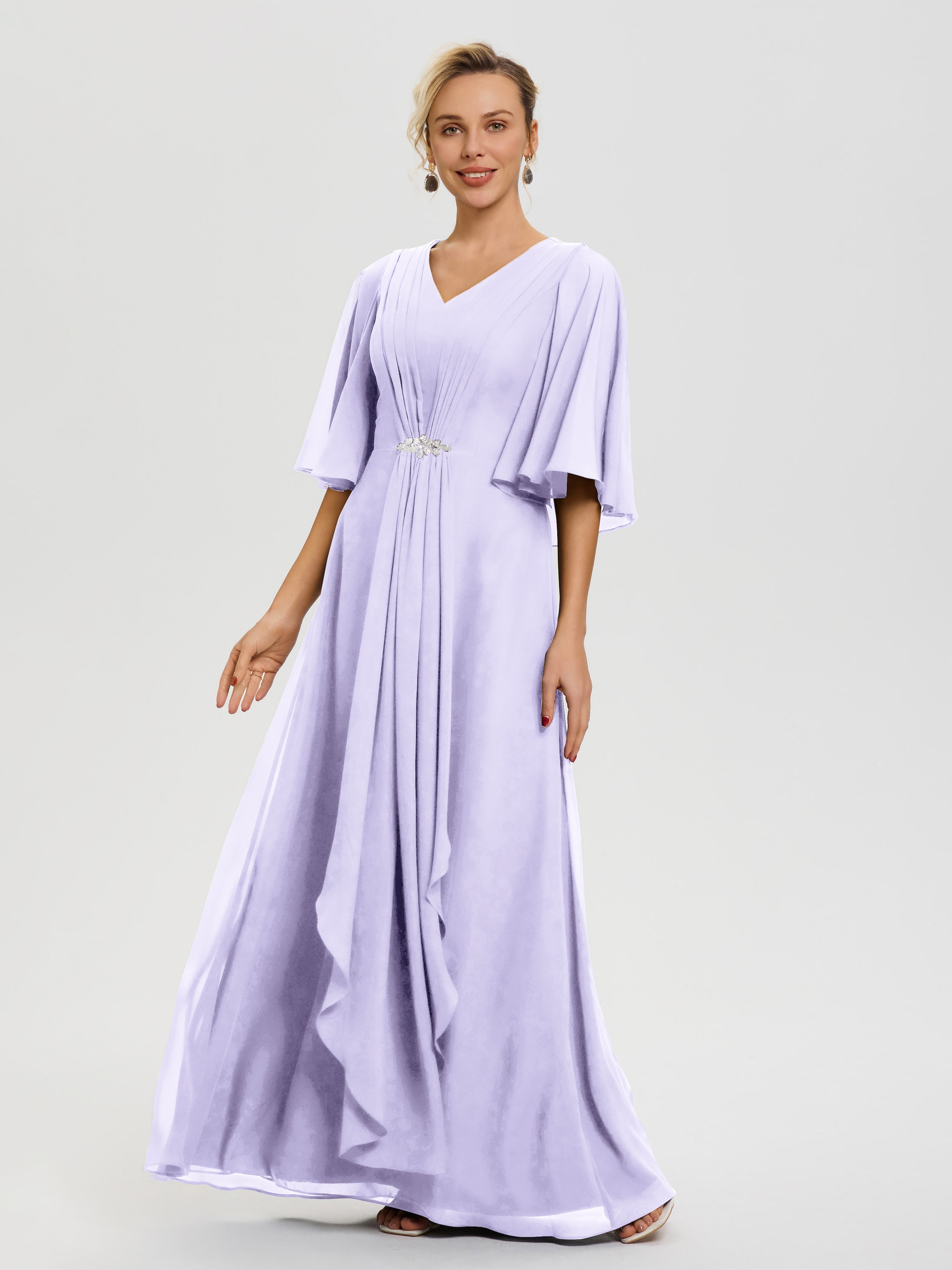 Robe Mariage Mère De La Mariée Lilas Col V Mousseline Demi Manches Robe De Mère Du Marié
