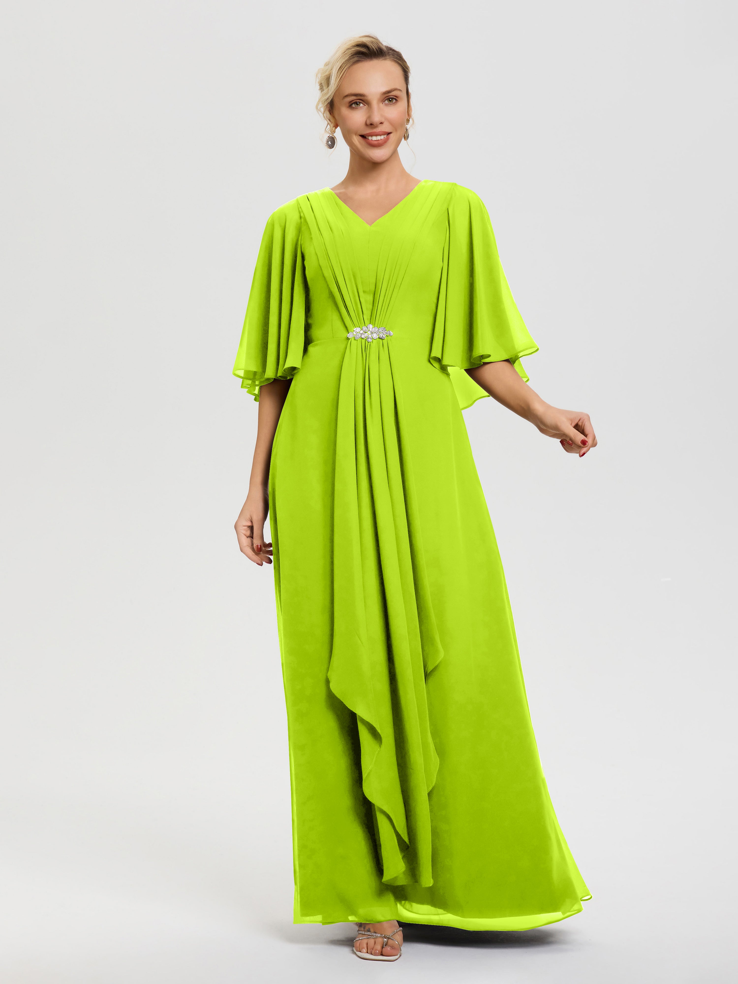 Robe Mère De La Mariée Vert Citron Col V Mousseline Demi Manches Robe De Mère Du Marié