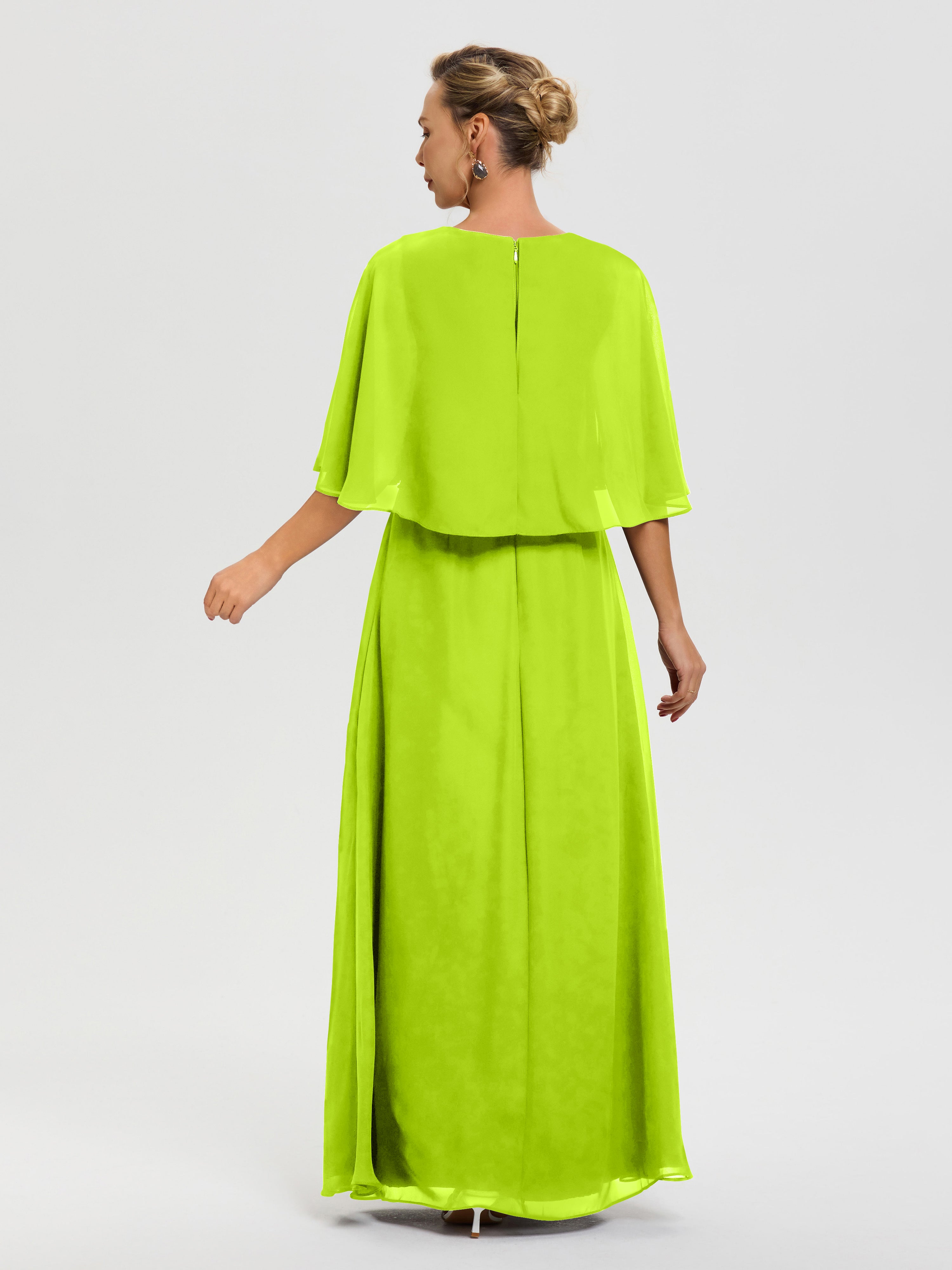 Robe Mère De La Mariée Vert Citron Col V Mousseline Demi Manches Robe De Mère Du Marié