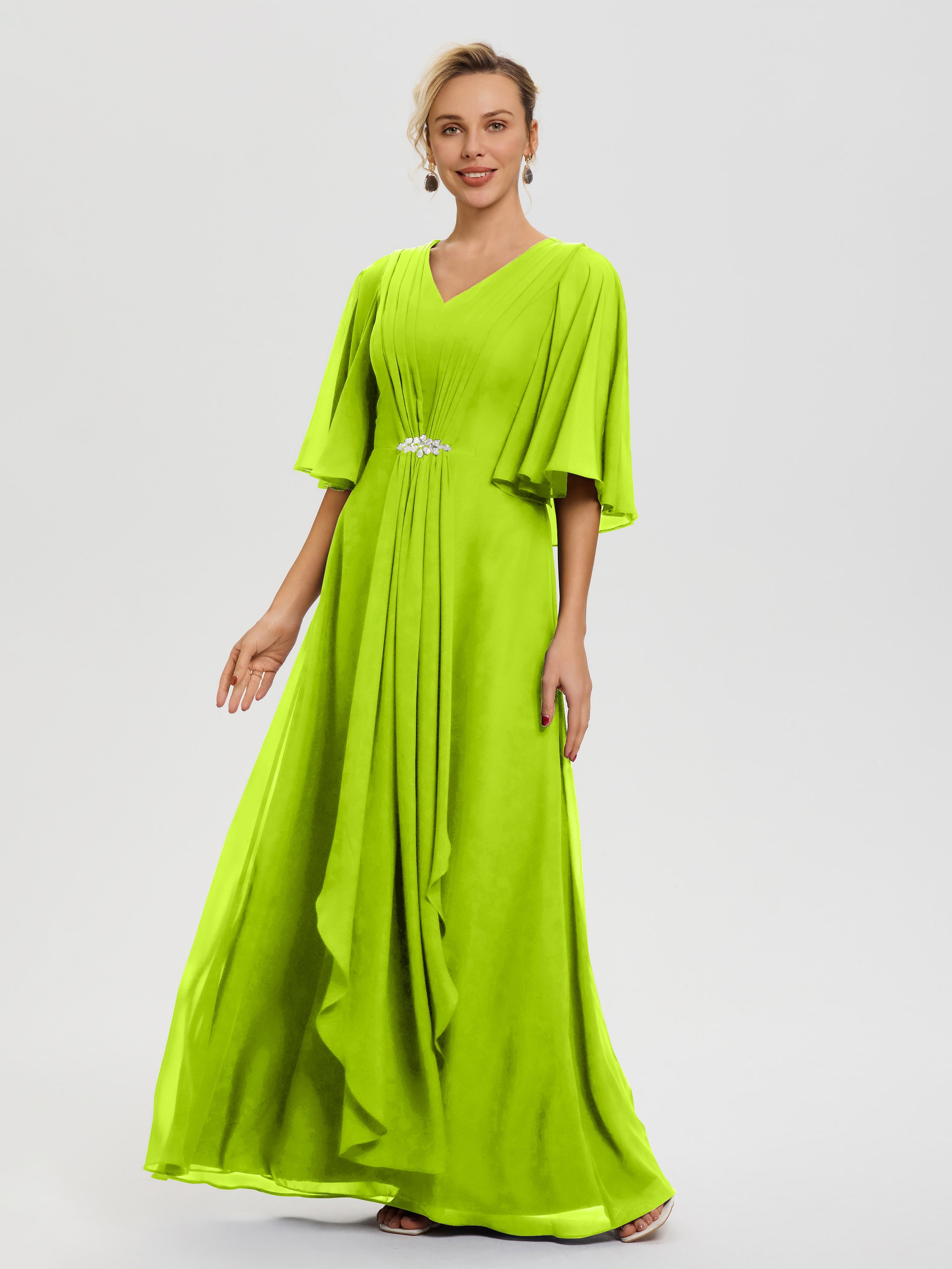 Robe Mère De La Mariée Vert Citron Col V Mousseline Demi Manches Robe De Mère Du Marié