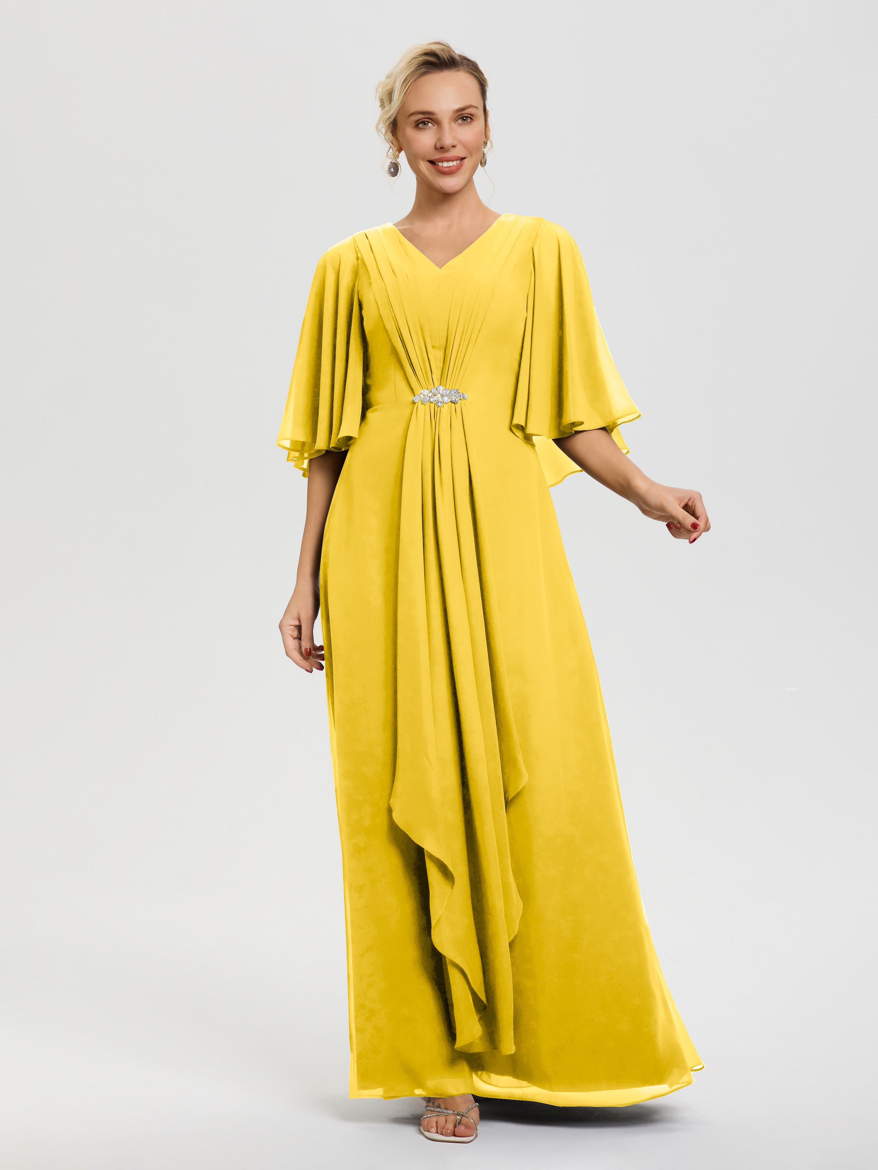 Robe Mère De Marié Souci Col V Mousseline Demi Manches Robe De Mère Du Marié