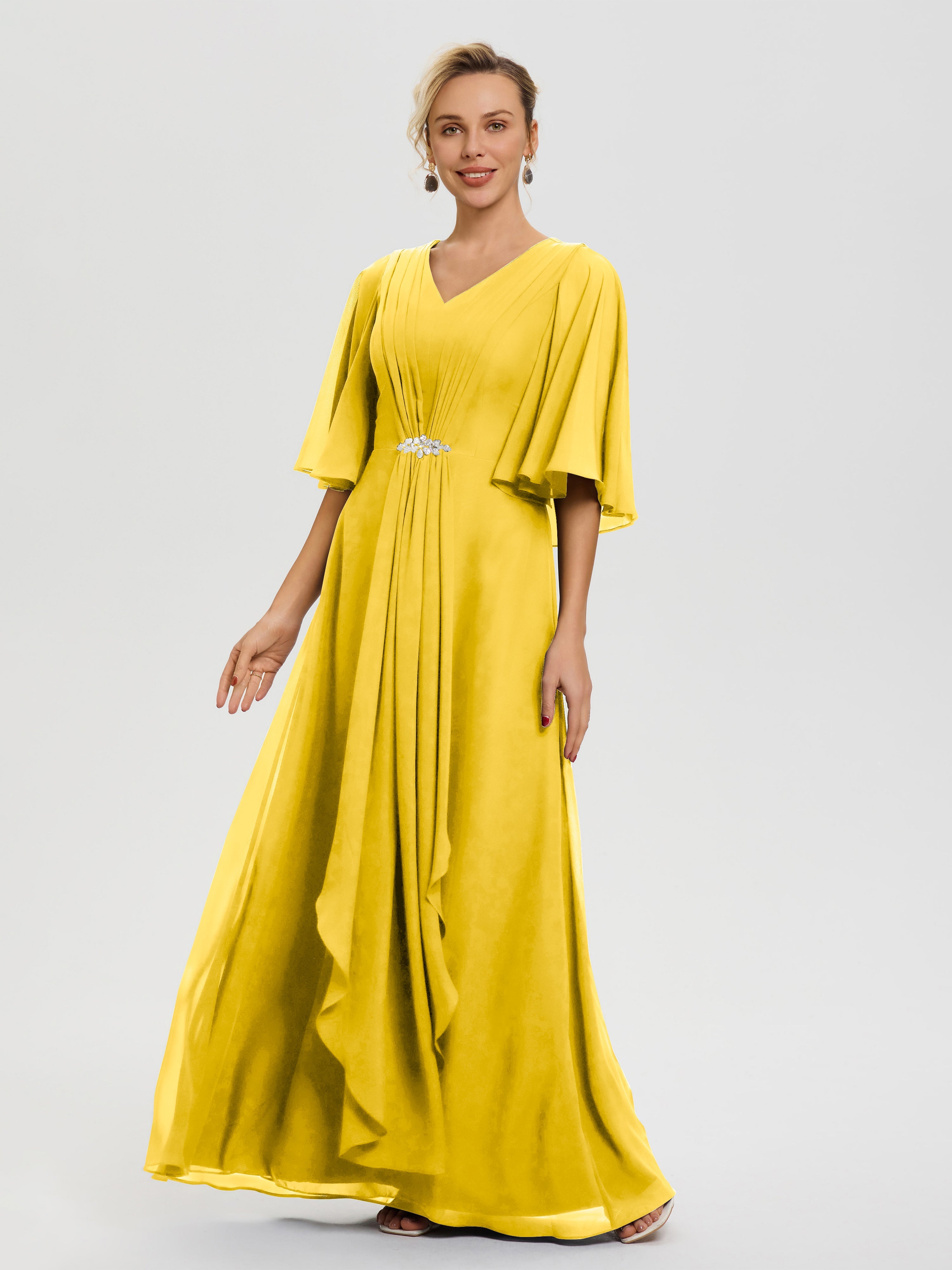 Robe Mère De Marié Souci Col V Mousseline Demi Manches Robe De Mère Du Marié