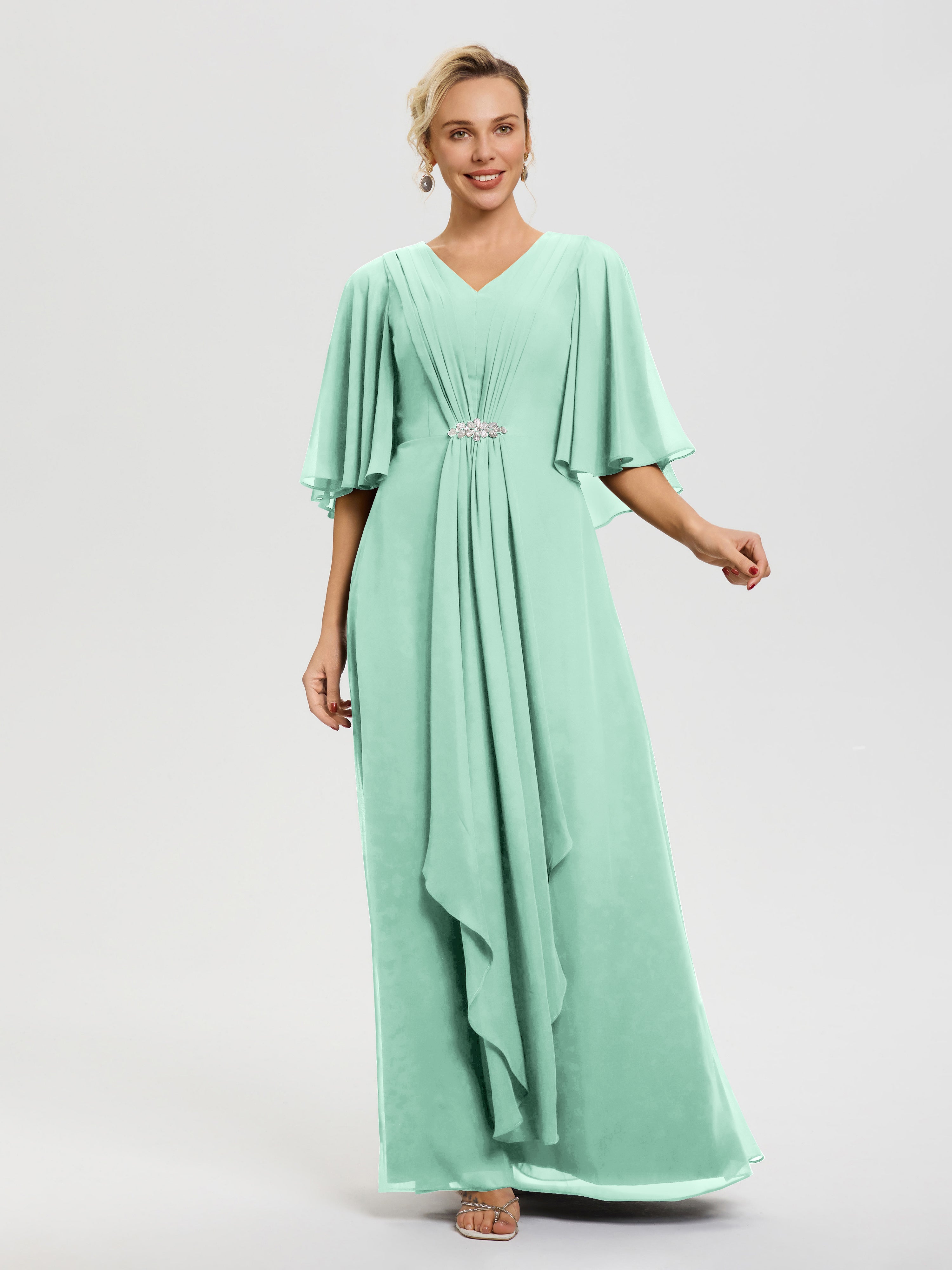 Robe Mère Marié Vert Menthe Col V Mousseline Demi Manches Robe De Mère Du Marié