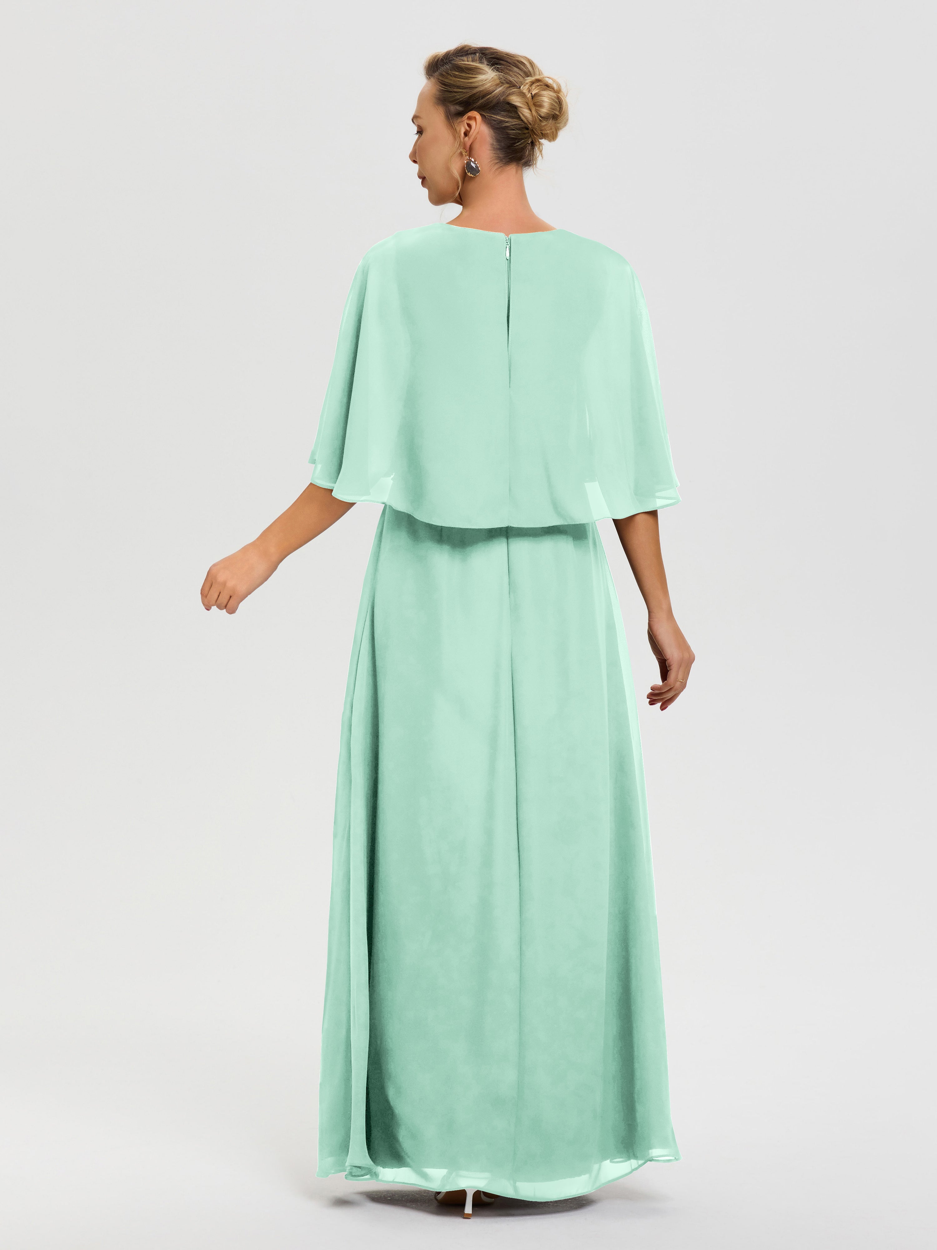Robe Mère Marié Vert Menthe Col V Mousseline Demi Manches Robe De Mère Du Marié