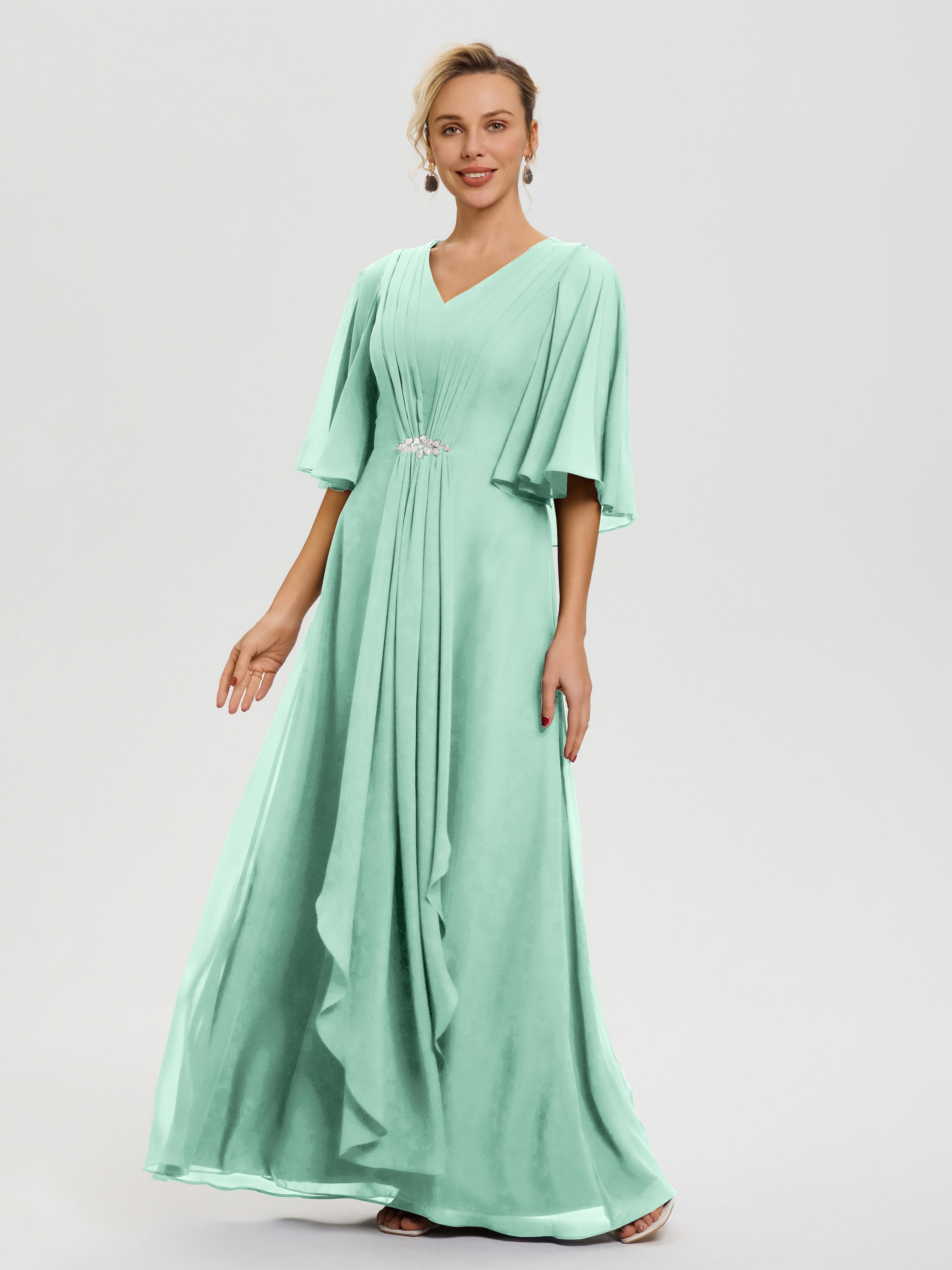 Robe Mère Marié Vert Menthe Col V Mousseline Demi Manches Robe De Mère Du Marié