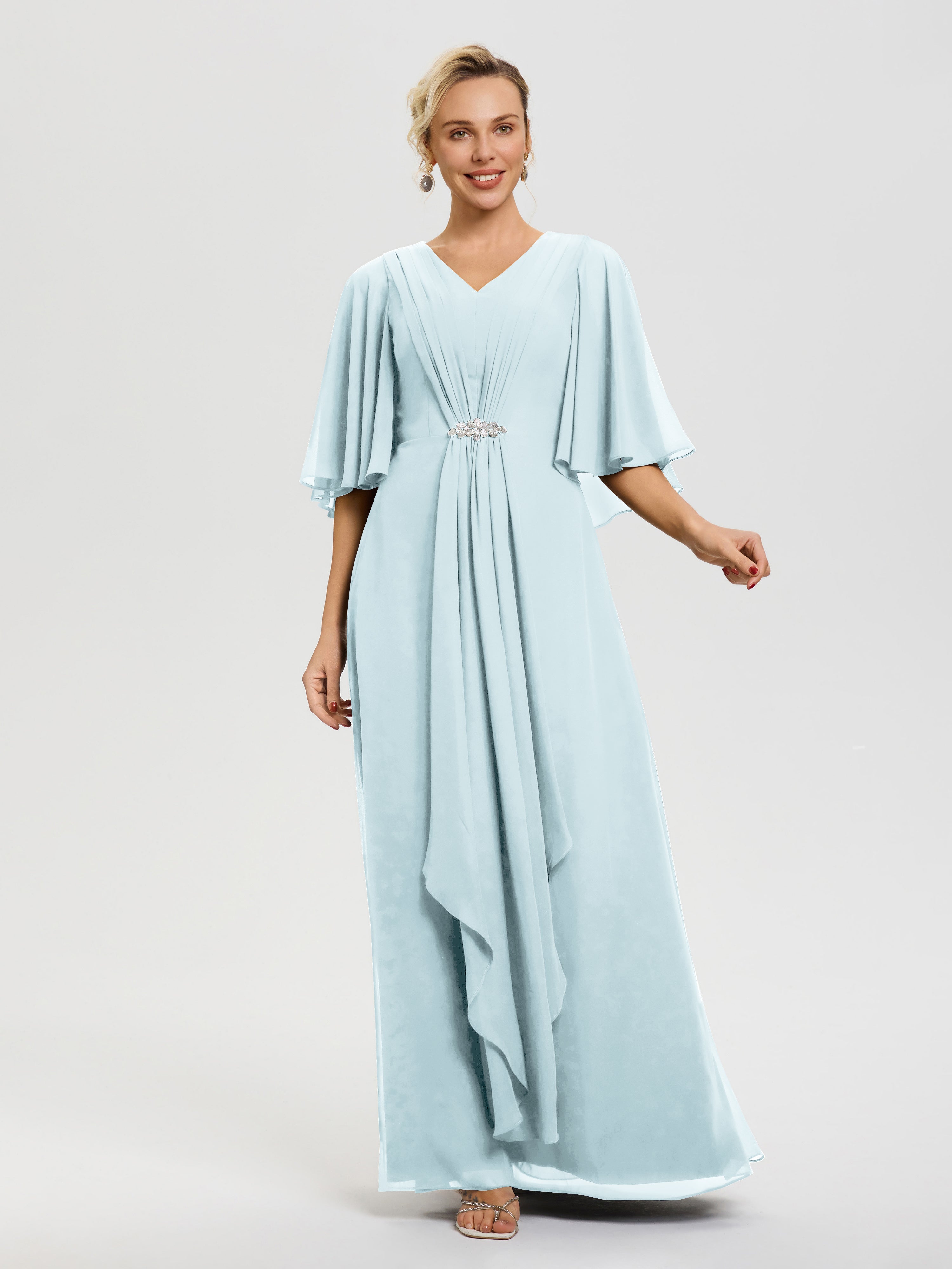 Robe Cérémonie Mariage Mère Du Marié Brume Col-V-Mousseline-Demi-Manches-Robe-De-Mere-Du-Marie