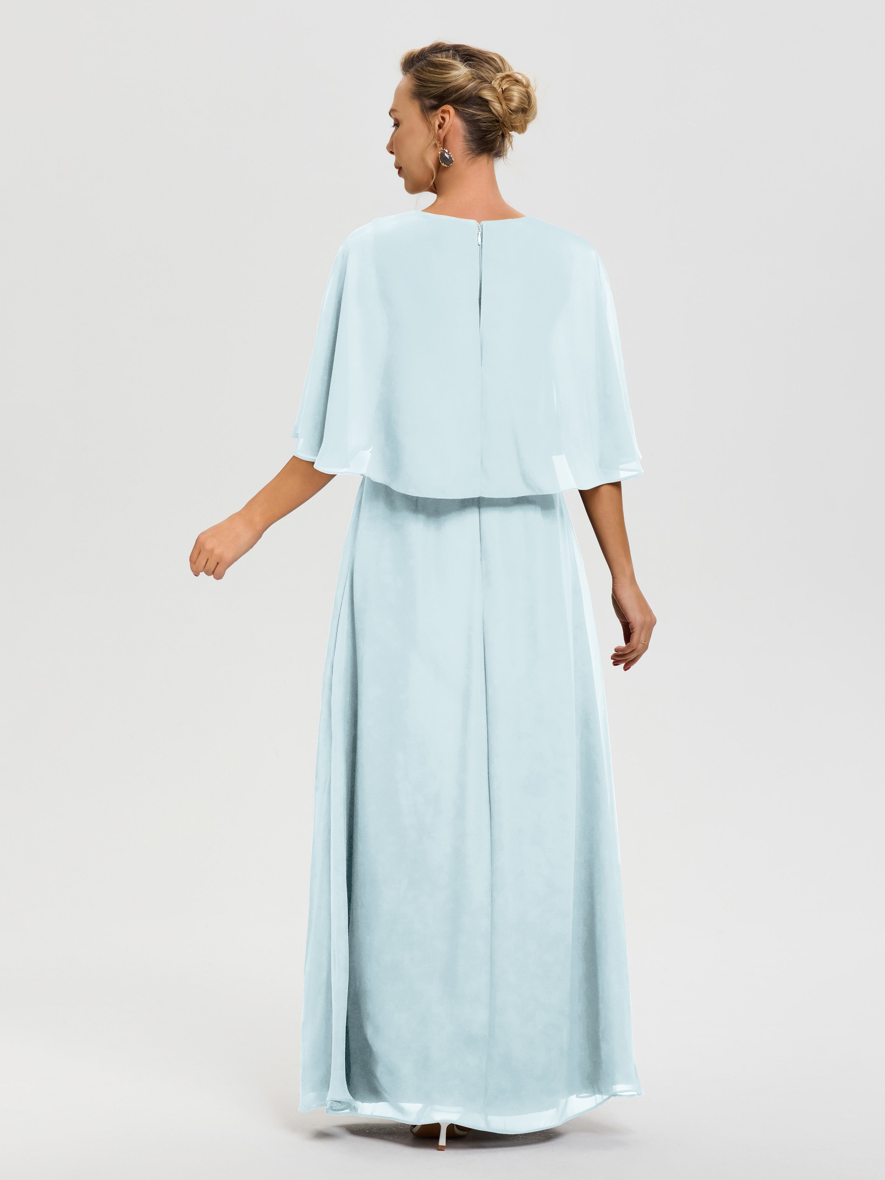 Robe Cérémonie Mariage Mère Du Marié Brume Col-V-Mousseline-Demi-Manches-Robe-De-Mere-Du-Marie