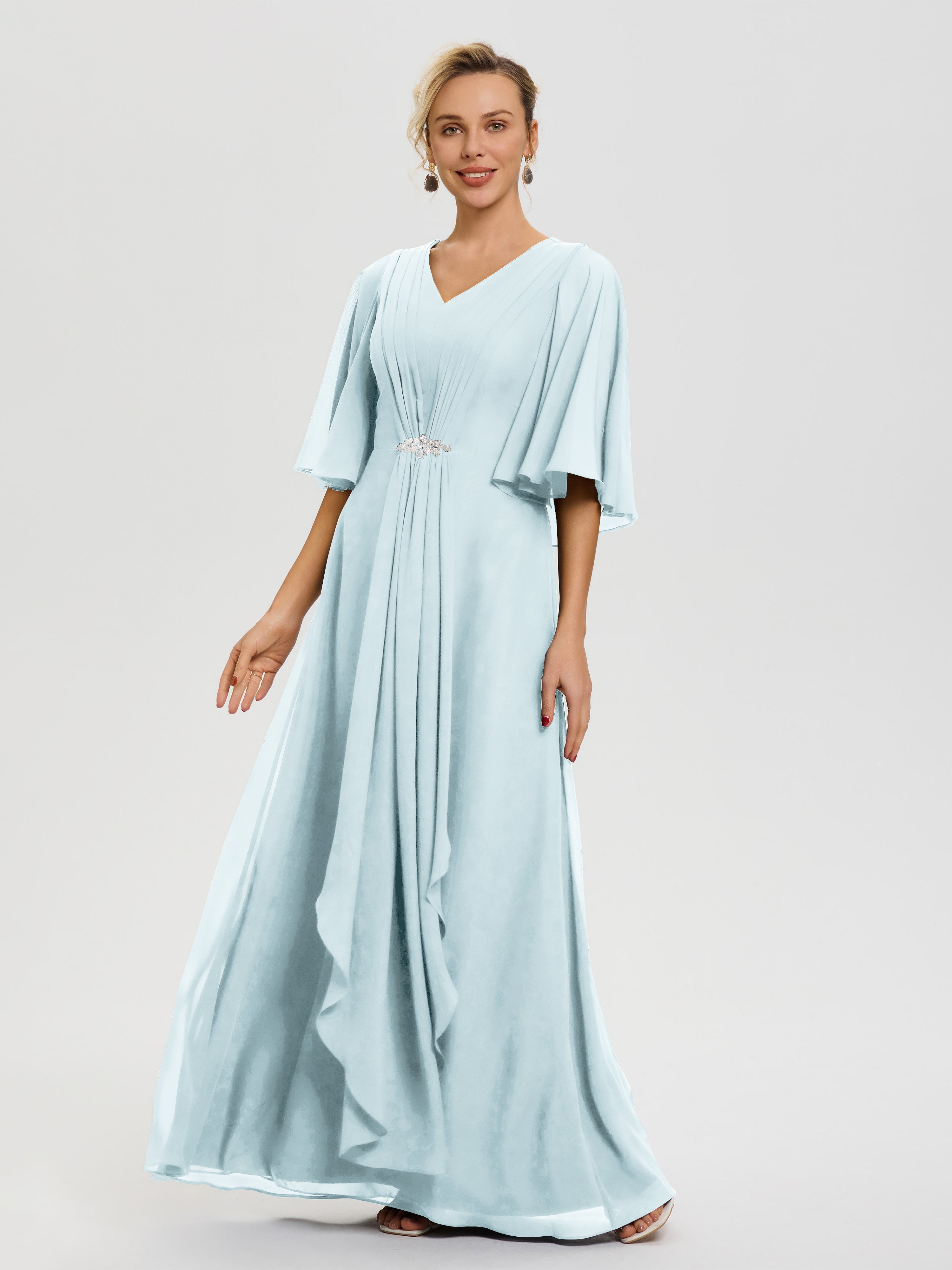 Robe Cérémonie Mariage Mère Du Marié Brume Col-V-Mousseline-Demi-Manches-Robe-De-Mere-Du-Marie