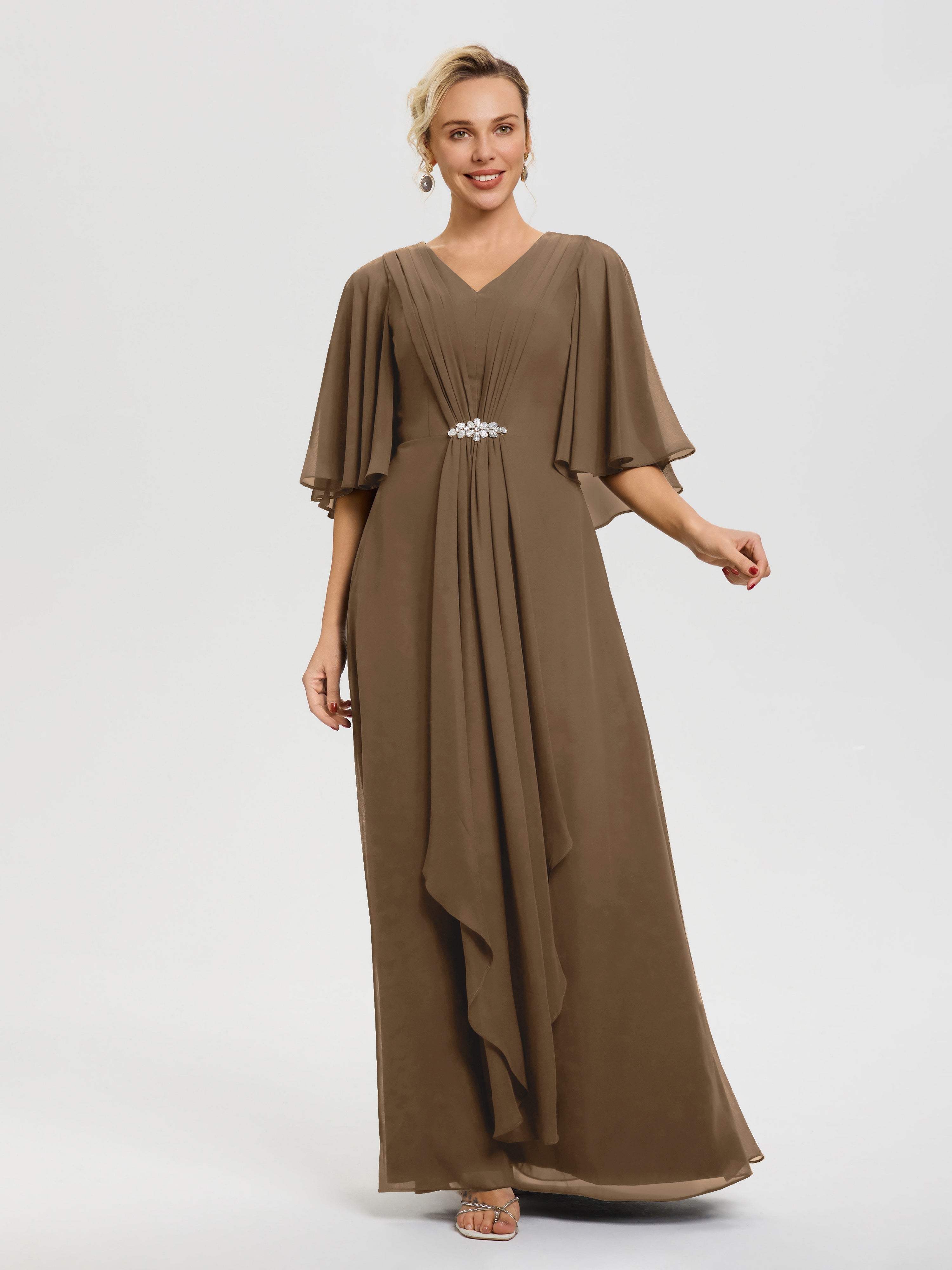 Robe Cérémonie Mariage Mère Du Marié Moka Col V Mousseline Demi Manches Robe De Mère Du Marié