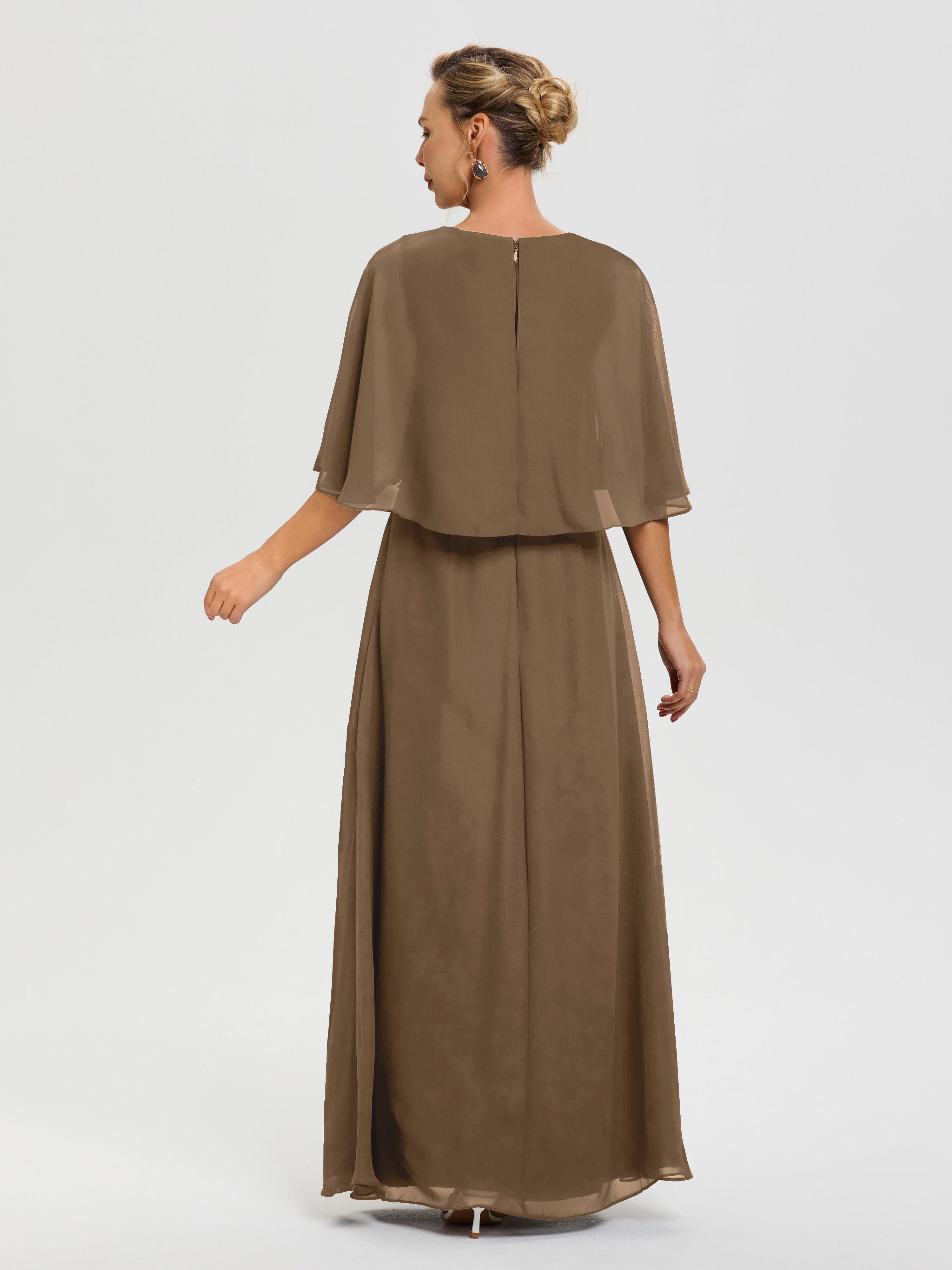 Robe Cérémonie Mariage Mère Du Marié Moka Col V Mousseline Demi Manches Robe De Mère Du Marié
