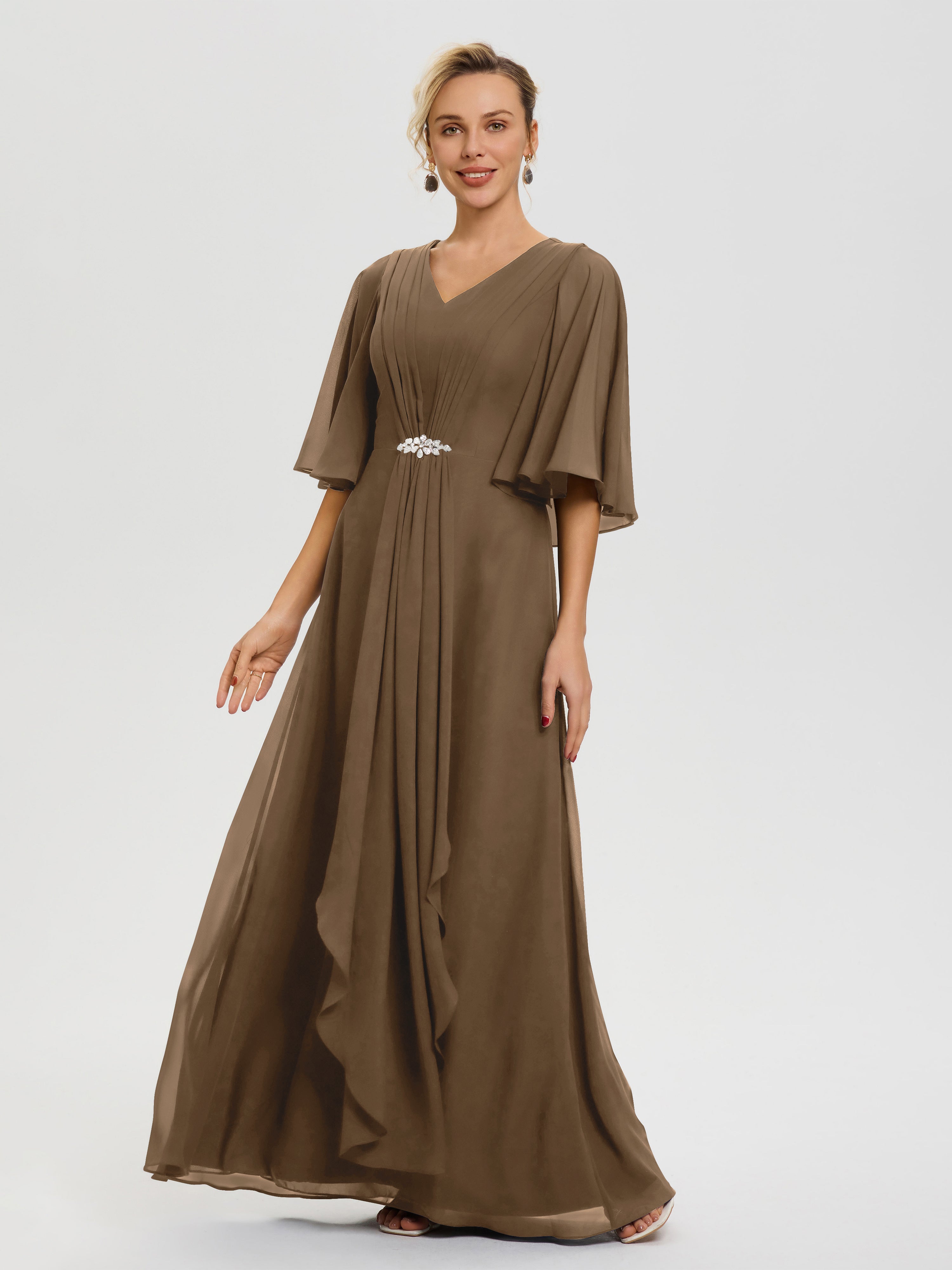 Robe Cérémonie Mariage Mère Du Marié Moka Col V Mousseline Demi Manches Robe De Mère Du Marié