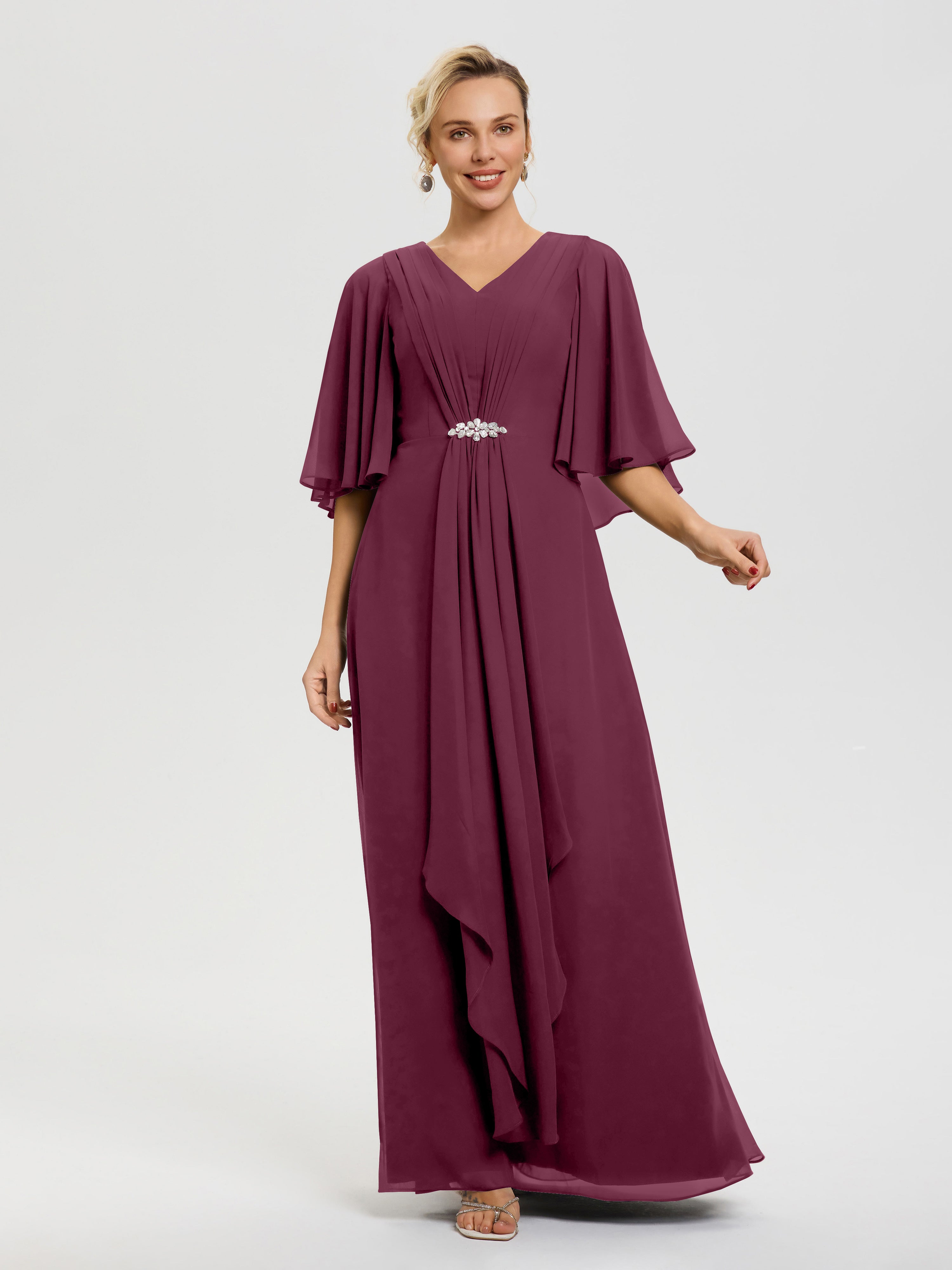 Robe Mariage Mère De La Mariée Mure Col V Mousseline Demi Manches Robe De Mère Du Marié