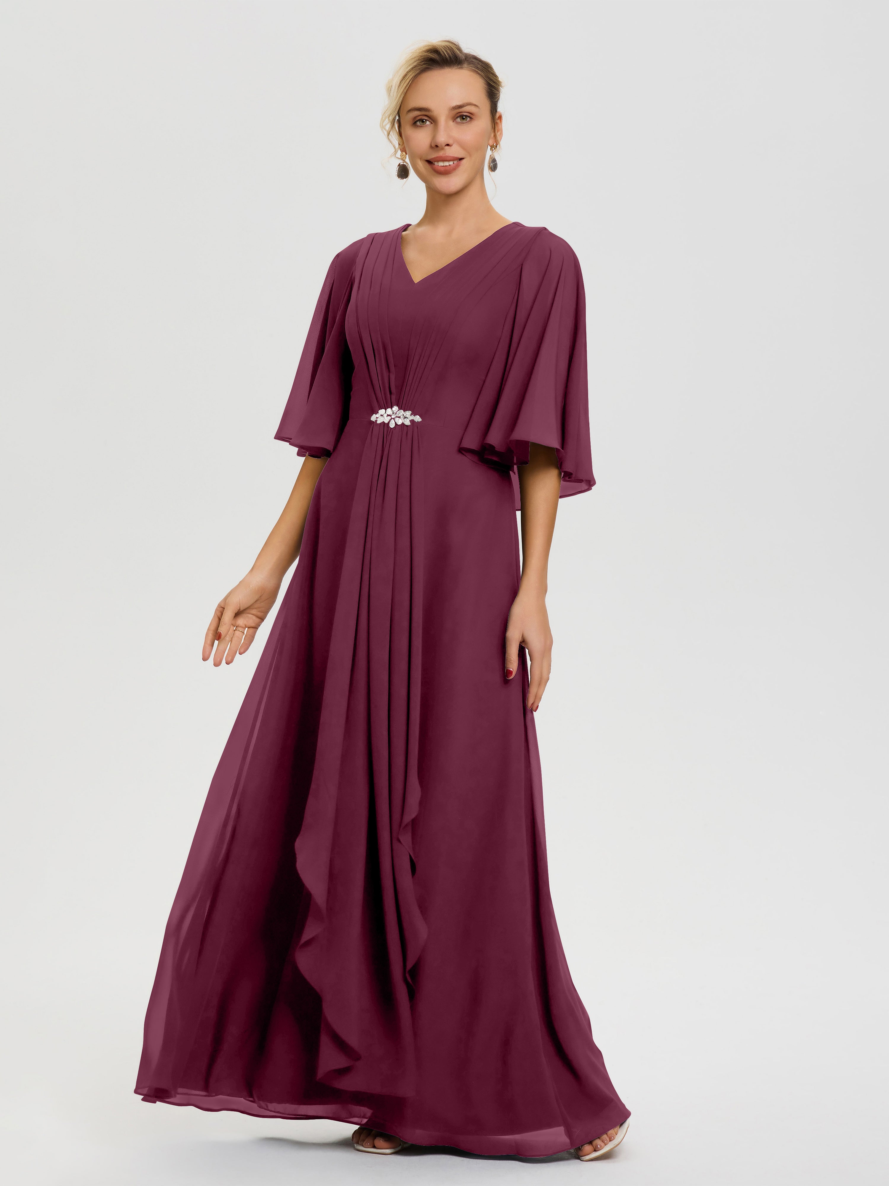 Robe Mariage Mère De La Mariée Mure Col V Mousseline Demi Manches Robe De Mère Du Marié