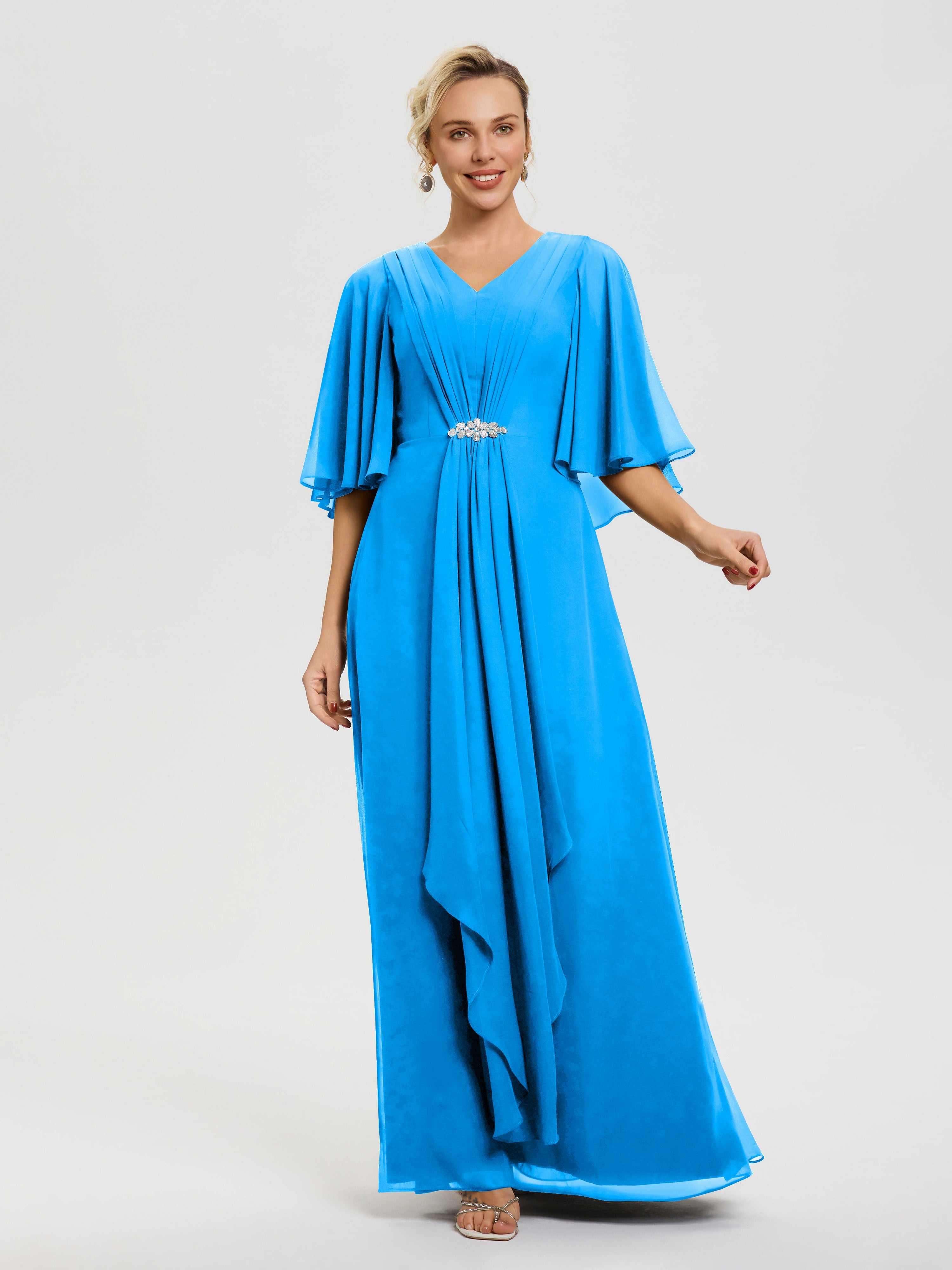 Robe Pour La Mère De La Mariée Bleu Océan Col V Mousseline Demi Manches Robe De Mère Du Marié